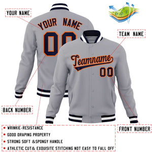 Custom Gray Navy-Orange Classic Style Varsity Full-Snap Letterman Jacket