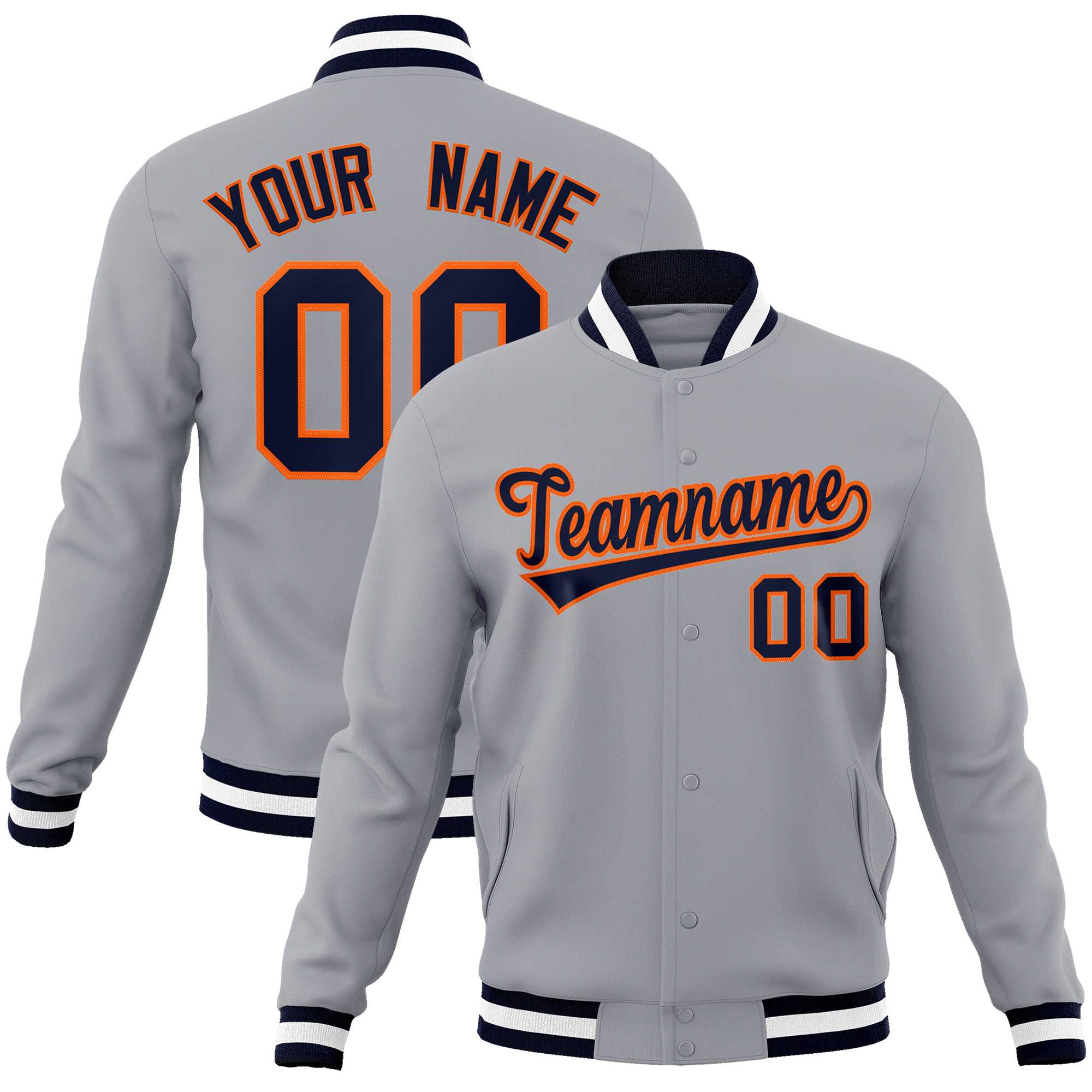 Custom Gray Navy-Orange Classic Style Varsity Full-Snap Letterman Jacket