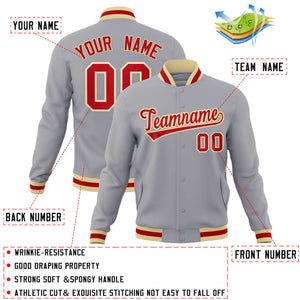 Custom Gray Red-Khaki Classic Style Varsity Full-Snap Letterman Jacket