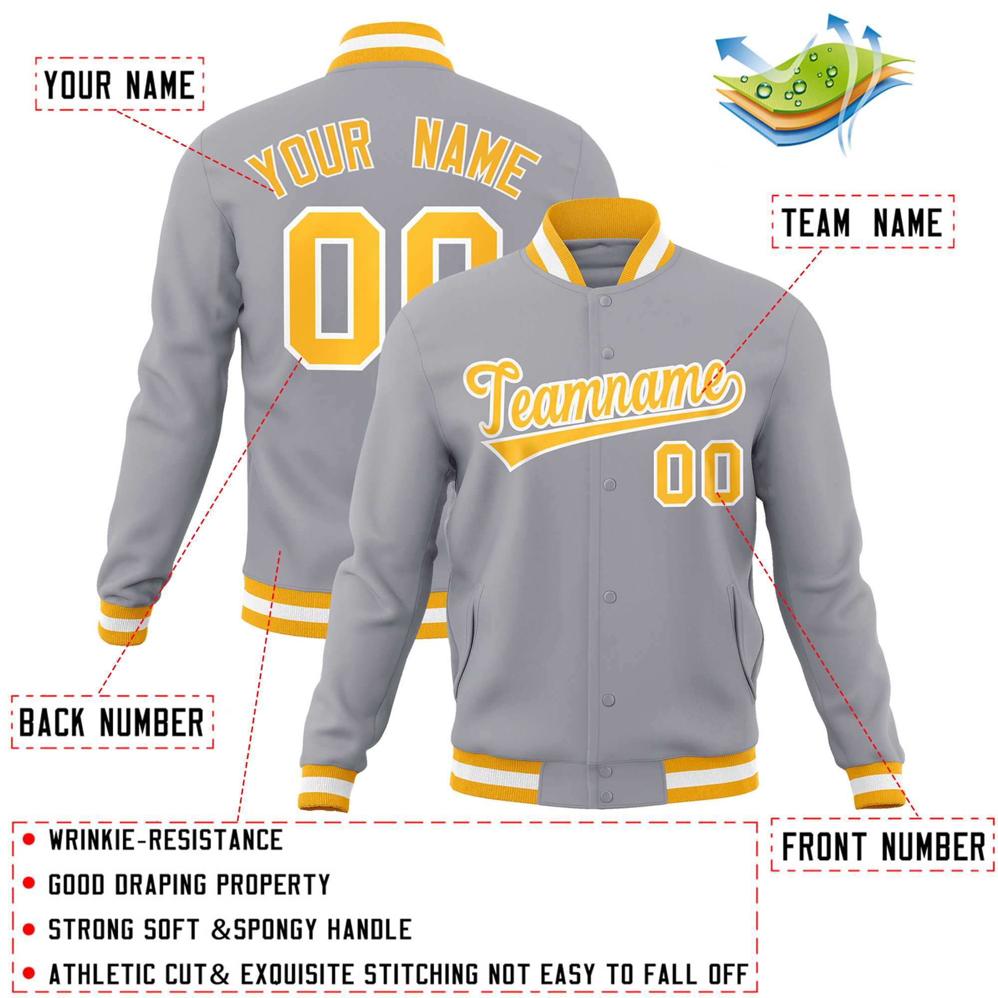 Custom Gray Gold-White Classic Style Varsity Full-Snap Letterman Jacket