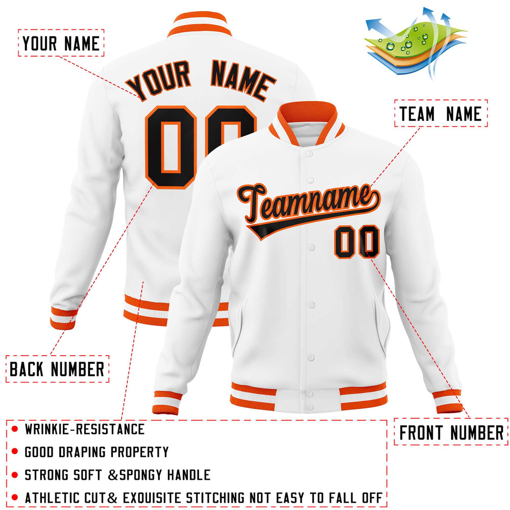 Custom White Black-Orange Classic Style Varsity Full-Snap Letterman Jacket