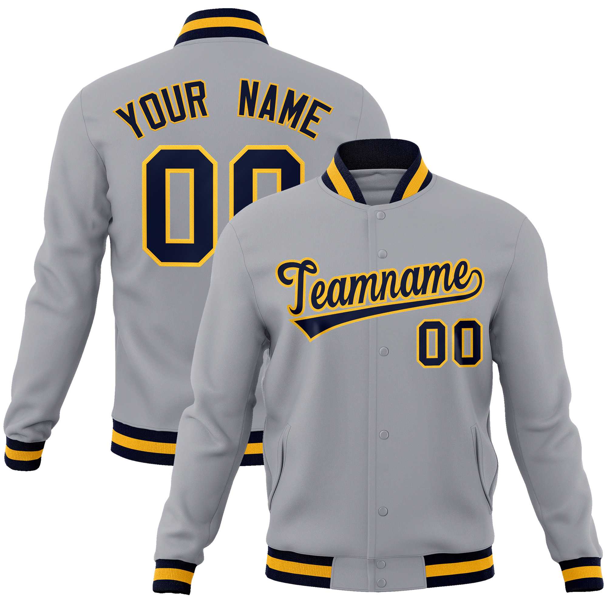 Custom Gray Navy-Gold Classic Style Varsity Full-Snap Letterman Jacket