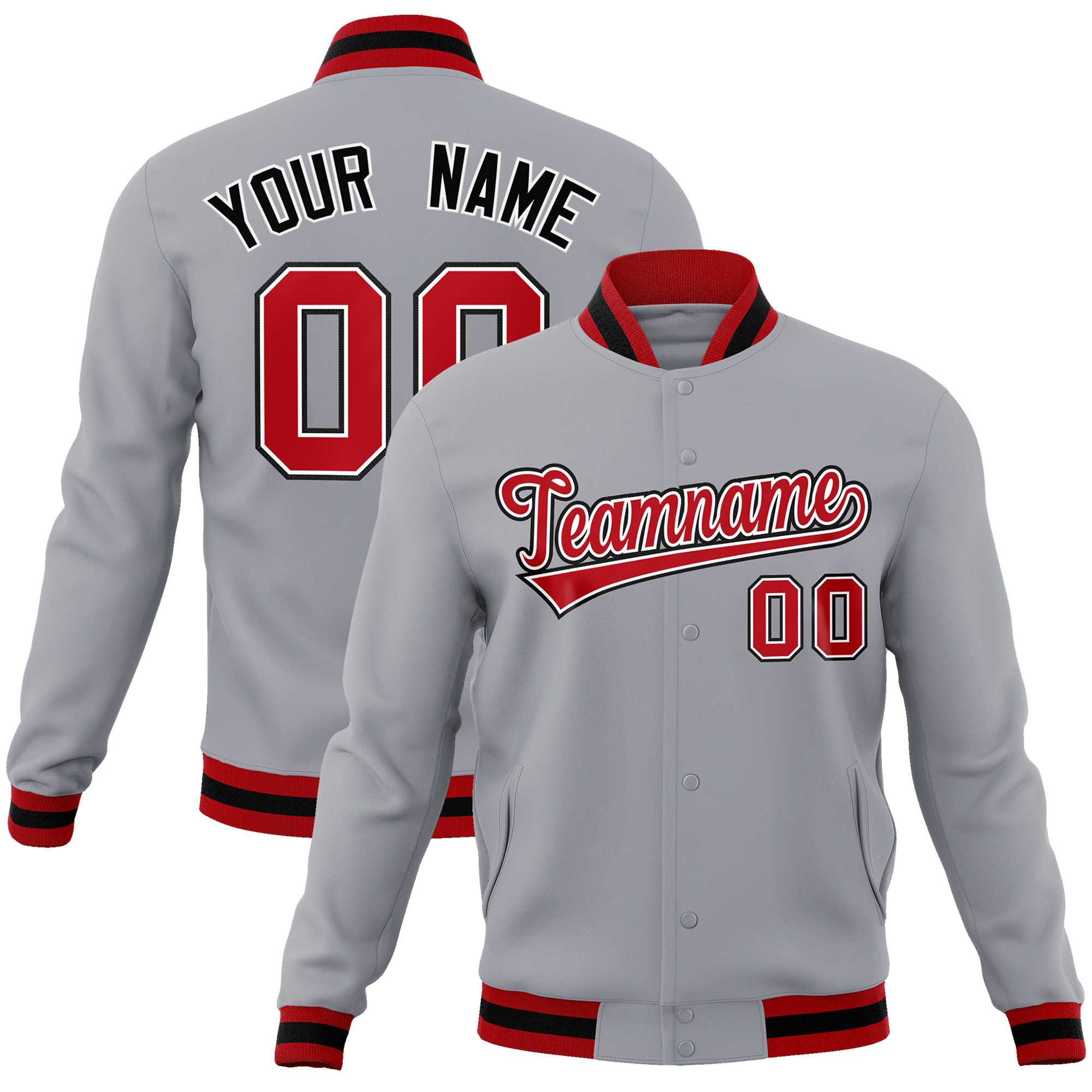 Custom Gray Red-Black Classic Style Varsity Full-Snap Letterman Jacket