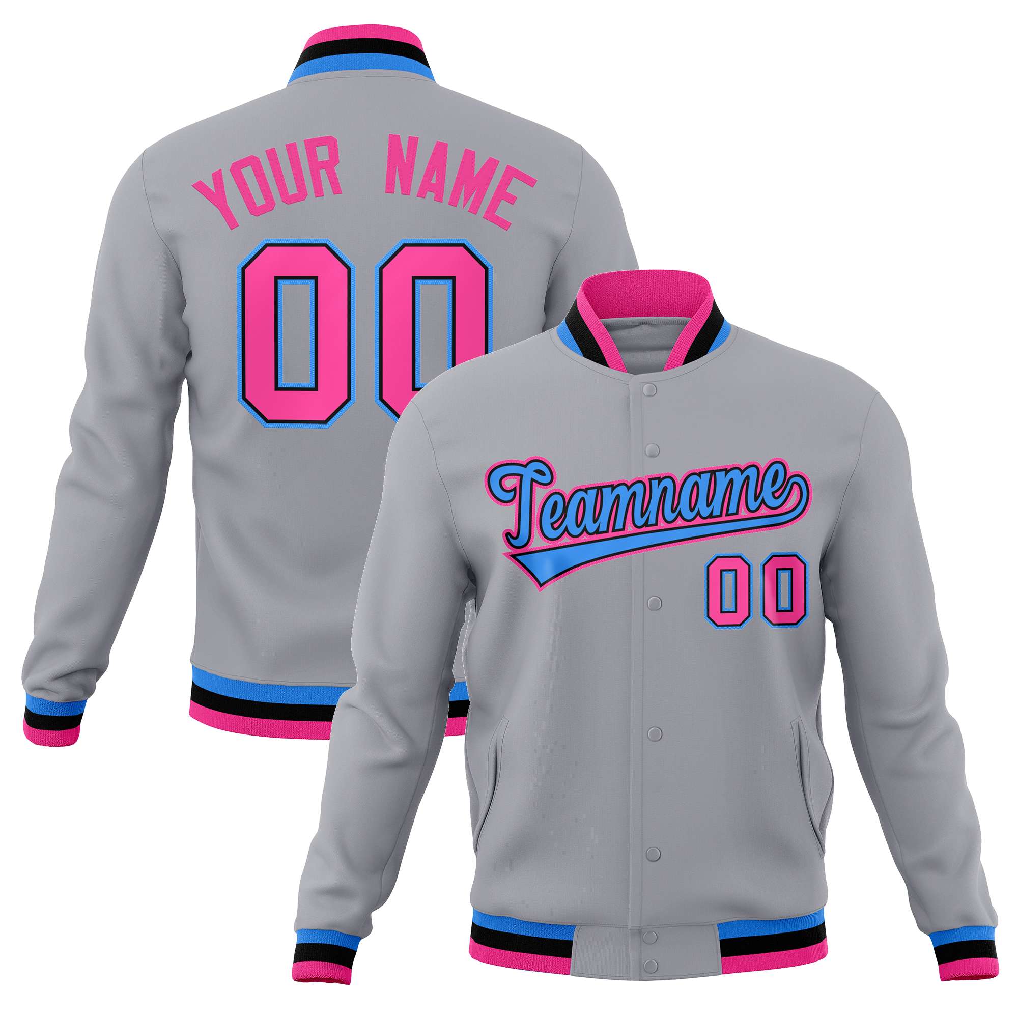 Custom Gray Powder Blue-Pink Classic Style Varsity Full-Snap Letterman Jacket