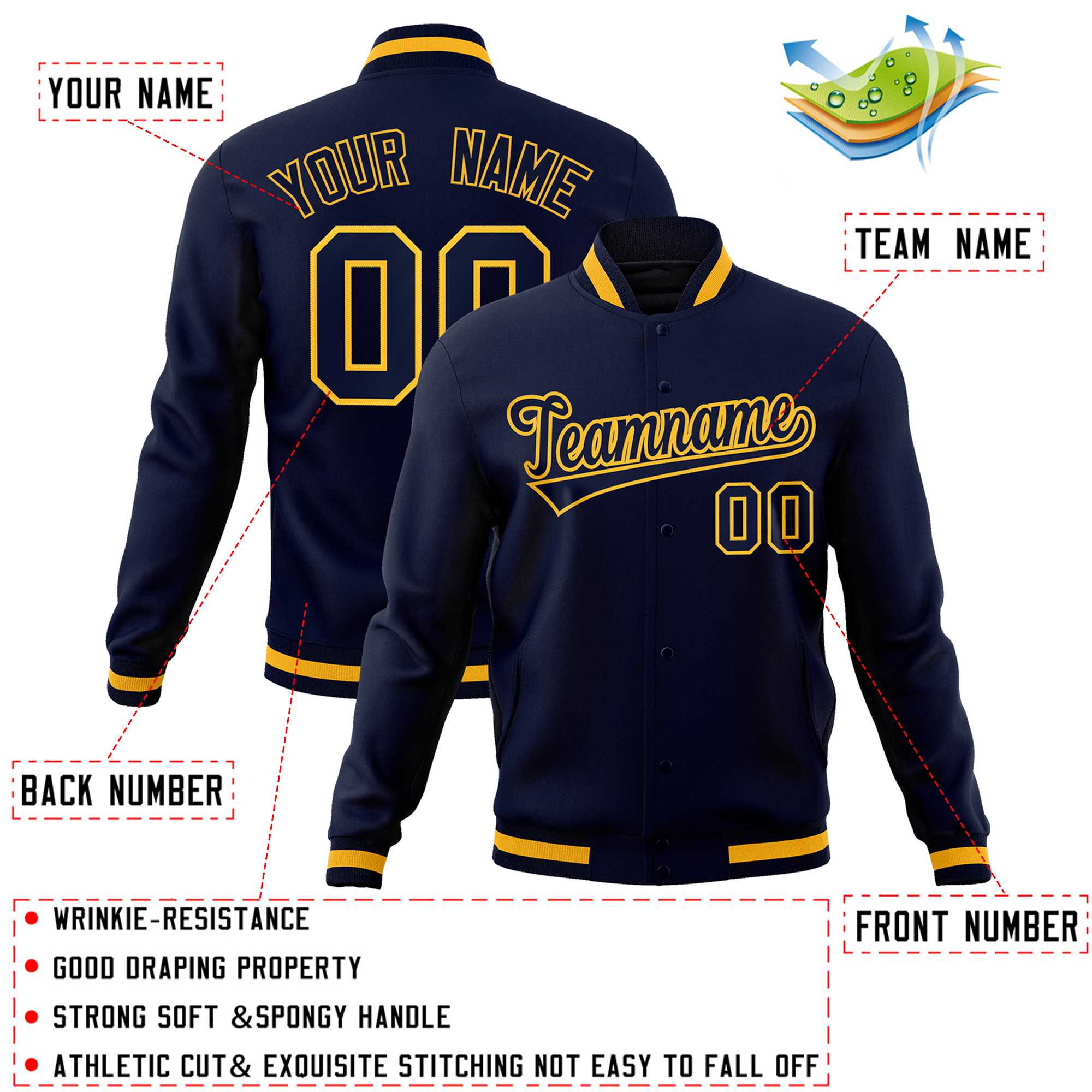 Custom Navy Navy-Gold Classic Style Varsity Full-Snap Letterman Jacket