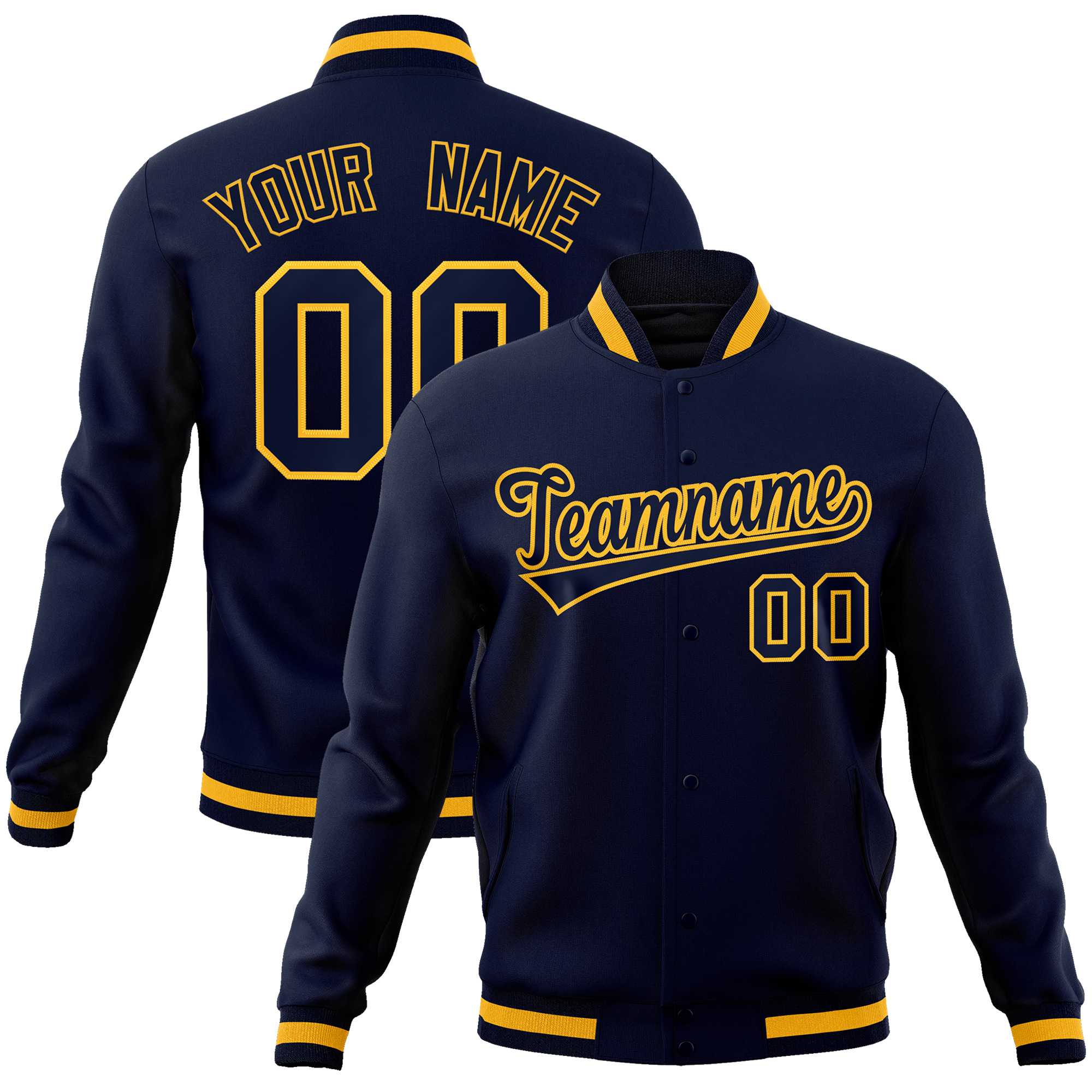 Custom Navy Navy-Gold Classic Style Varsity Full-Snap Letterman Jacket