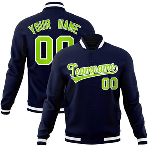 Custom Navy Neon Green-White Classic Style Varsity Full-Snap Letterman Jacket