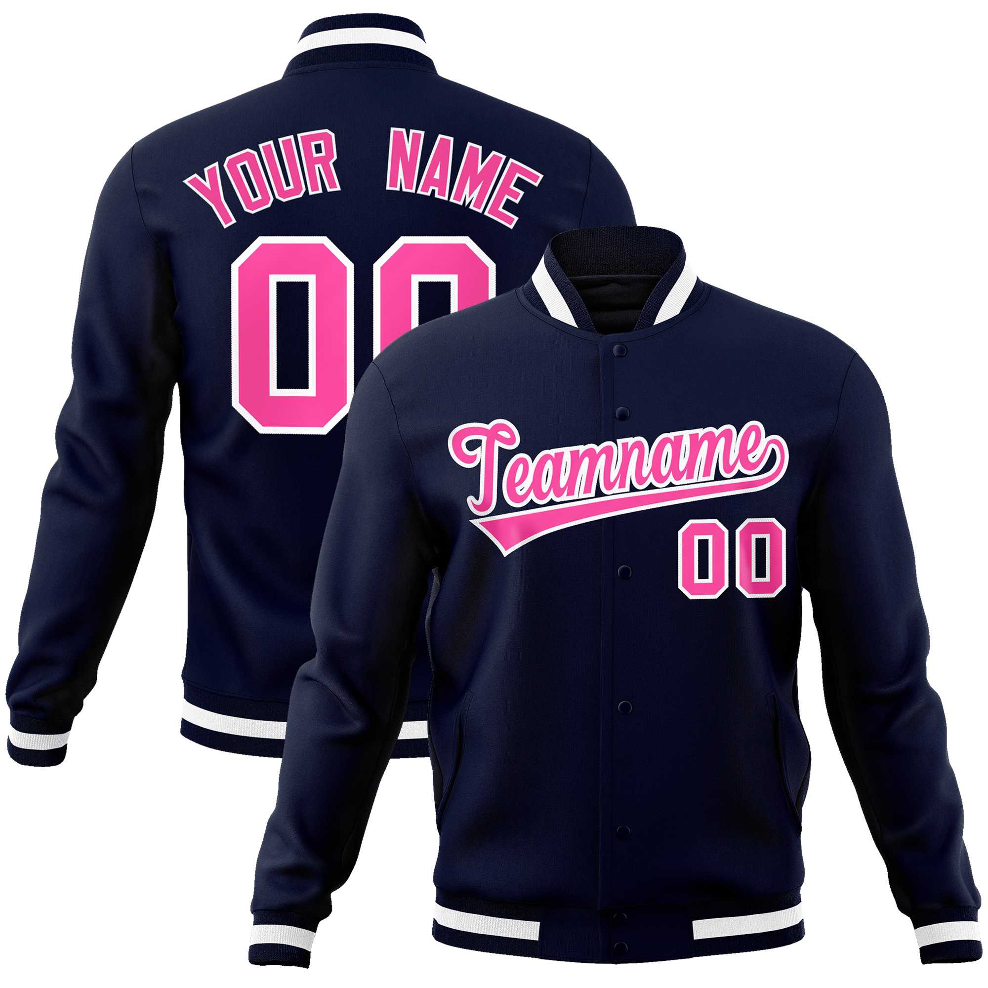 Custom Navy Pink-White Classic Style Varsity Full-Snap Letterman Jacket