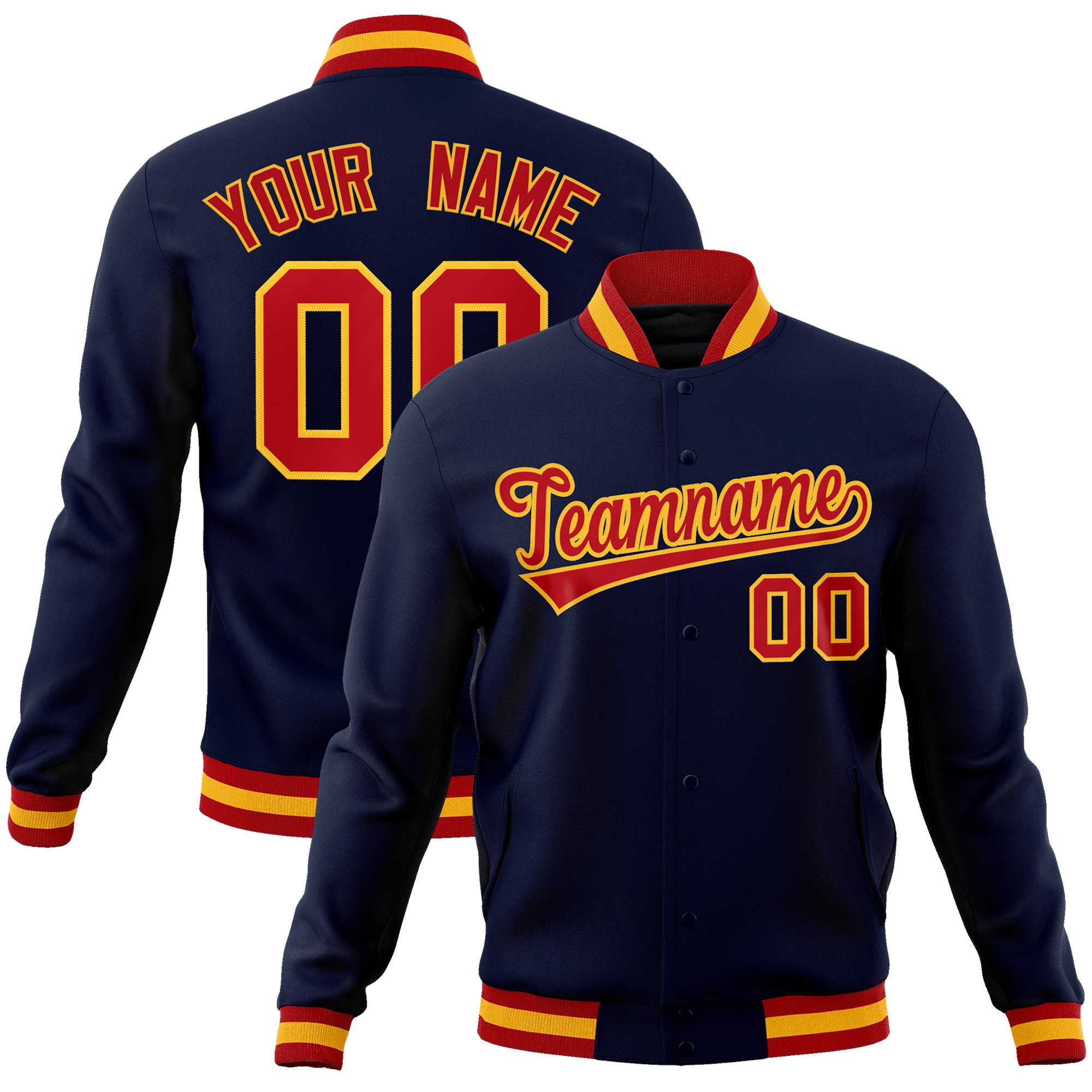 Custom Navy Red-Gold Classic Style Varsity Full-Snap Letterman Jacket