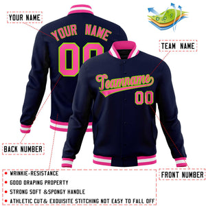 Custom Navy Pink-Neon Green Classic Style Varsity Full-Snap Letterman Jacket