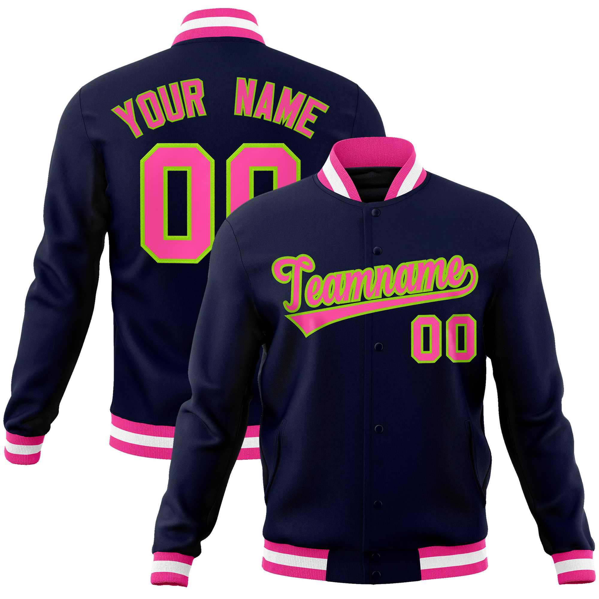 Custom Navy Pink-Neon Green Classic Style Varsity Full-Snap Letterman Jacket