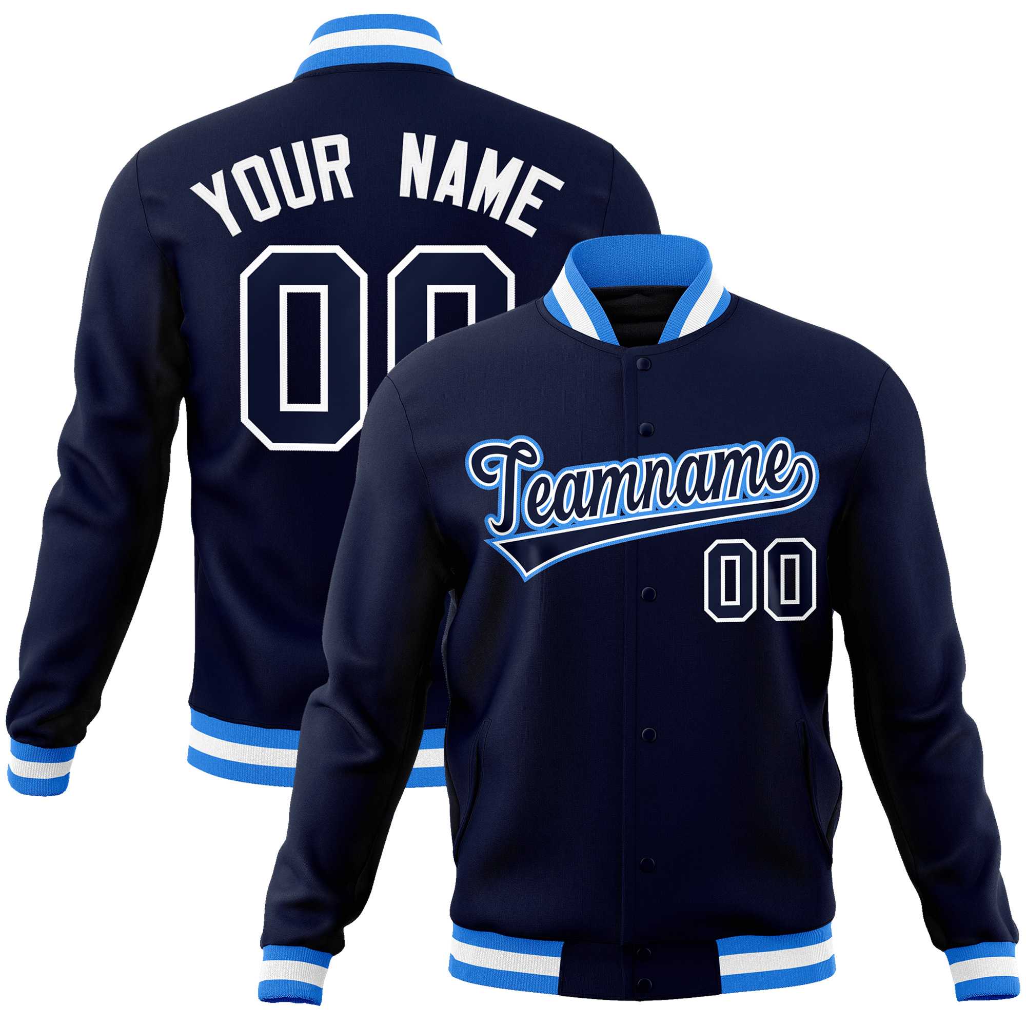 Custom Navy Navy-Powder Blue Classic Style Varsity Full-Snap Letterman Jacket