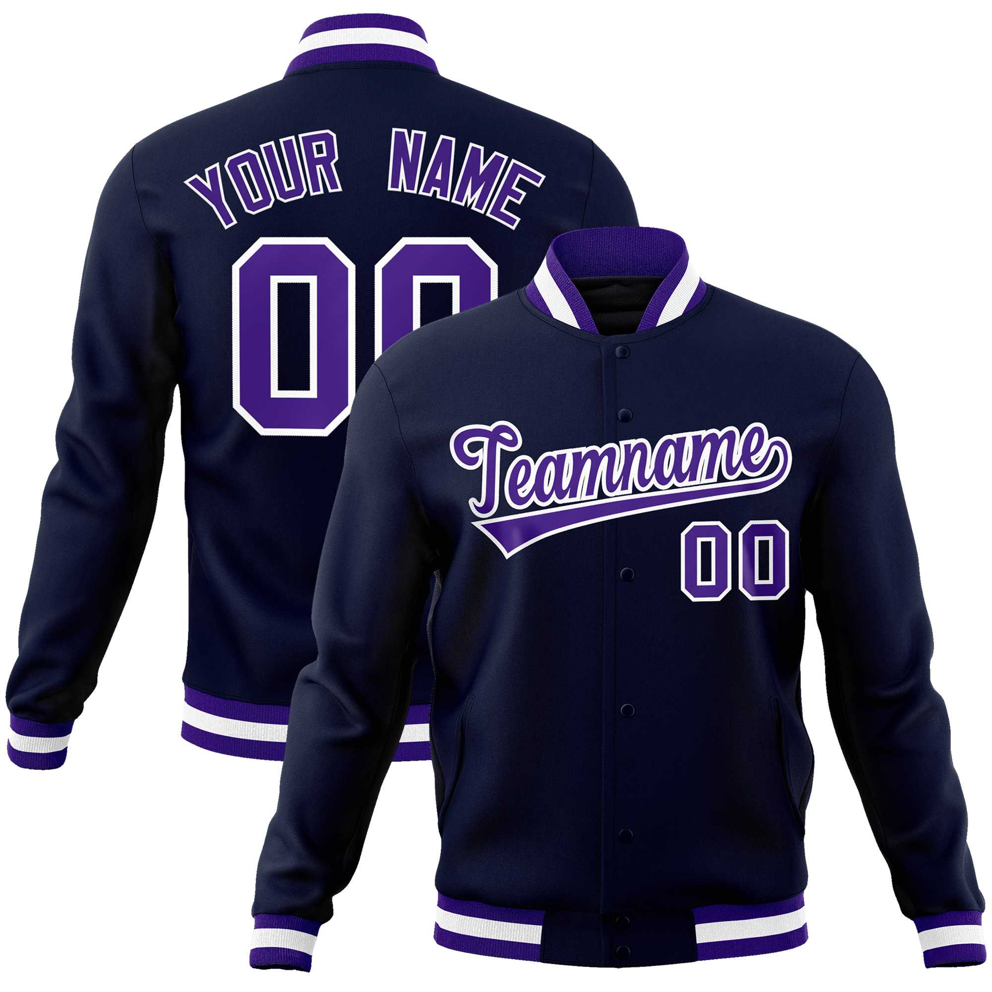 Custom Navy Purple-White Classic Style Varsity Full-Snap Letterman Jacket