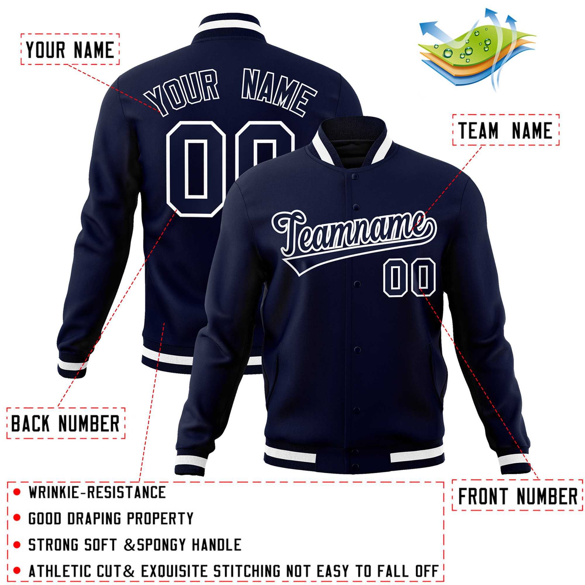 Custom Navy Navy-White Classic Style Varsity Full-Snap Letterman Jacket