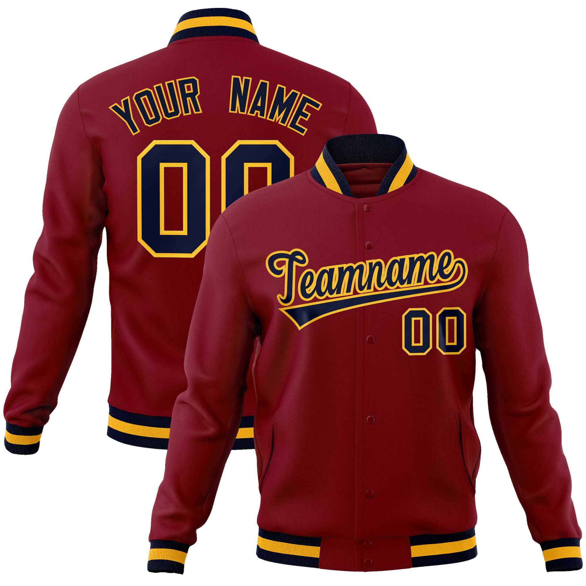 Custom Crimson Navy-Gold Classic Style Varsity Full-Snap Letterman Jacket