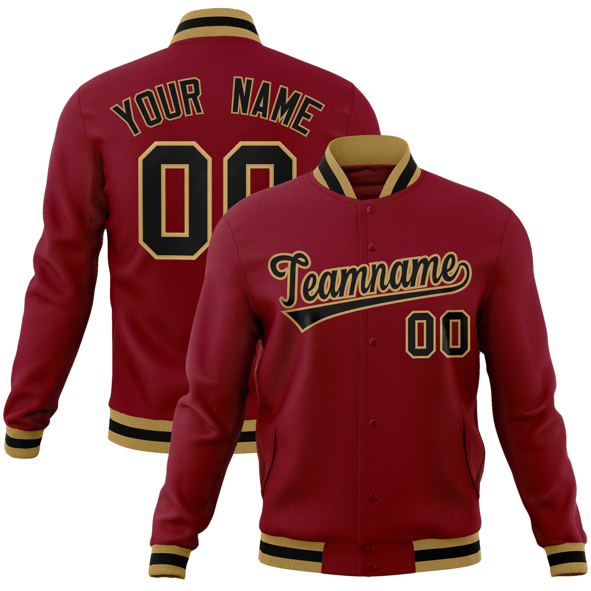 Custom Crimson Black-Old Gold Classic Style Varsity Full-Snap Letterman Jacket