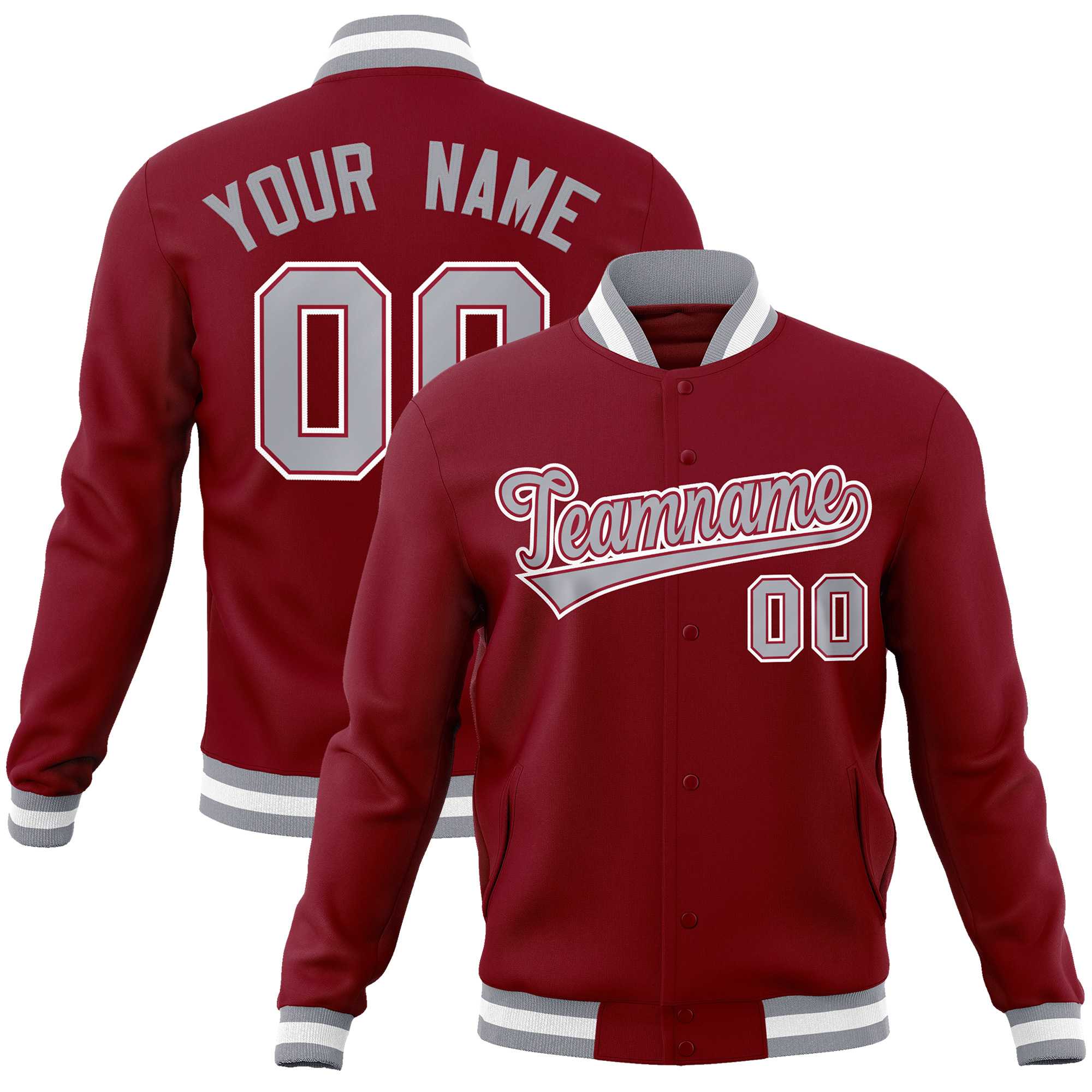 Custom Crimson Gray-White Classic Style Varsity Full-Snap Letterman Jacket