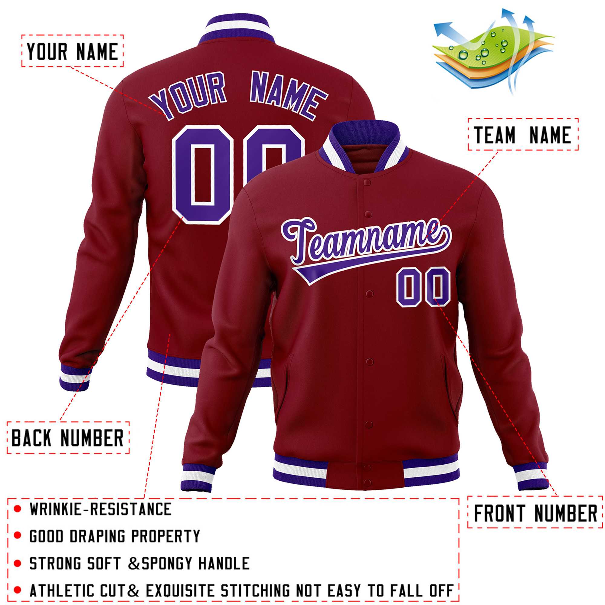 Custom Crimson Purple-White Classic Style Varsity Full-Snap Letterman Jacket