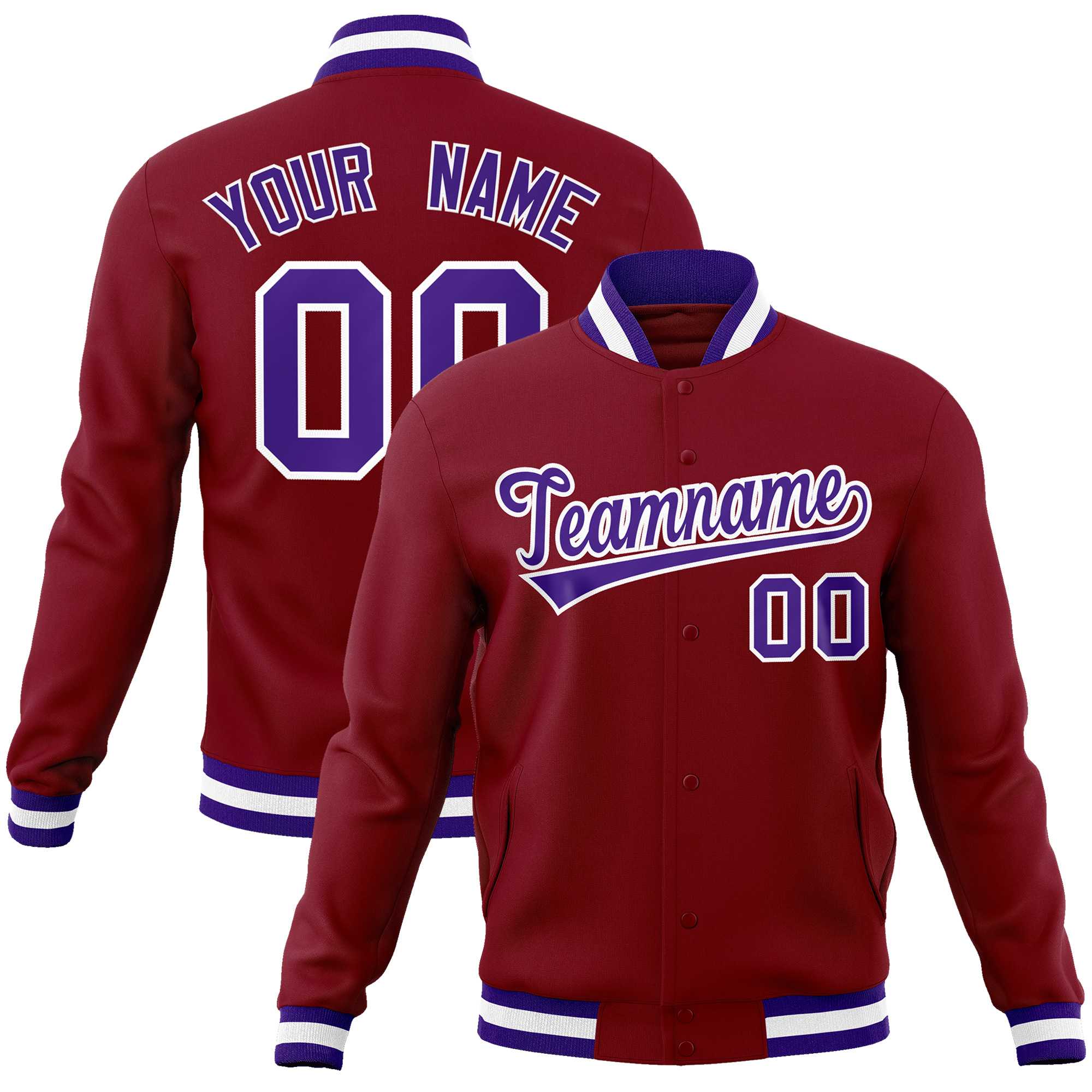 Custom Crimson Purple-White Classic Style Varsity Full-Snap Letterman Jacket