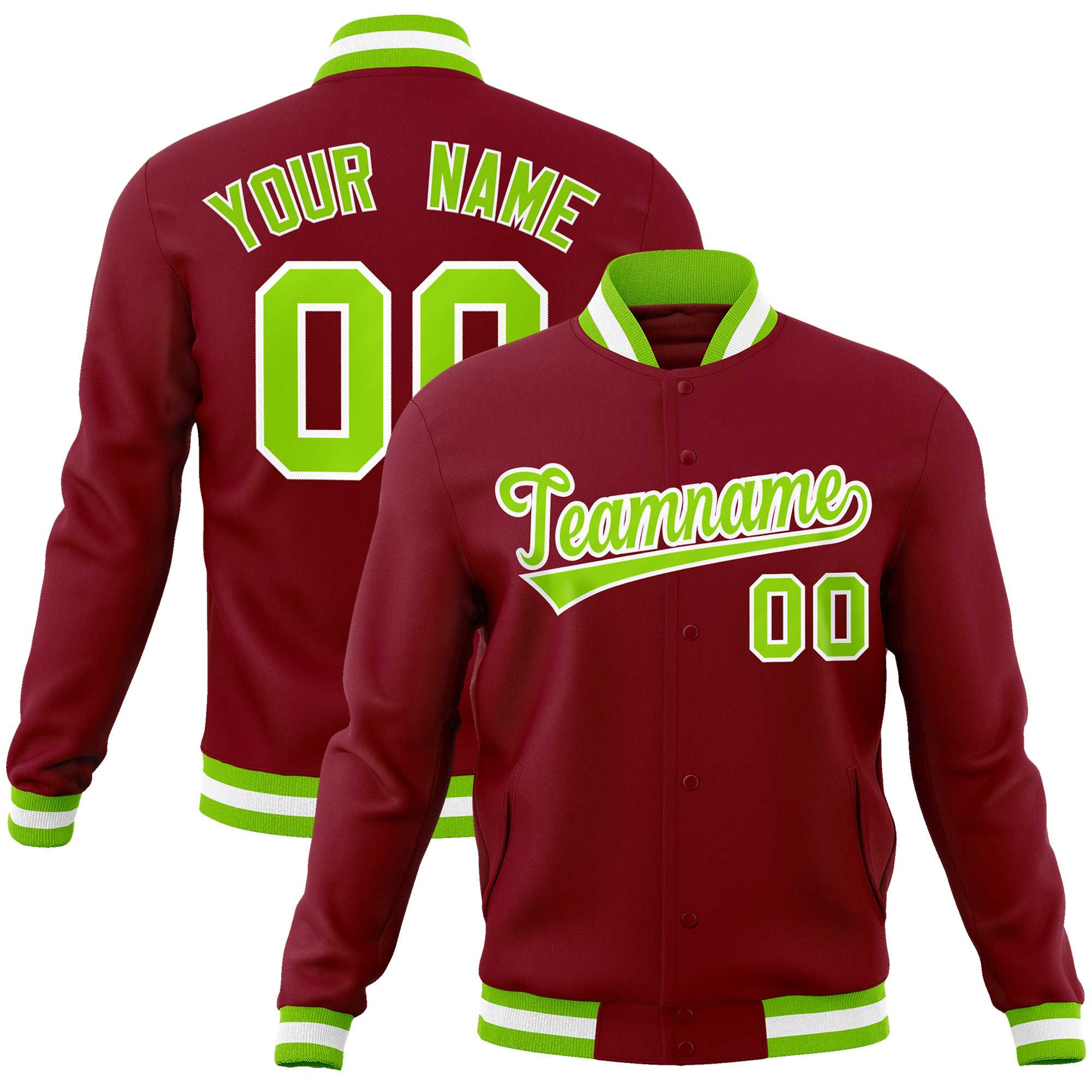 Custom Crimson Neon Green-White Classic Style Varsity Full-Snap Letterman Jacket