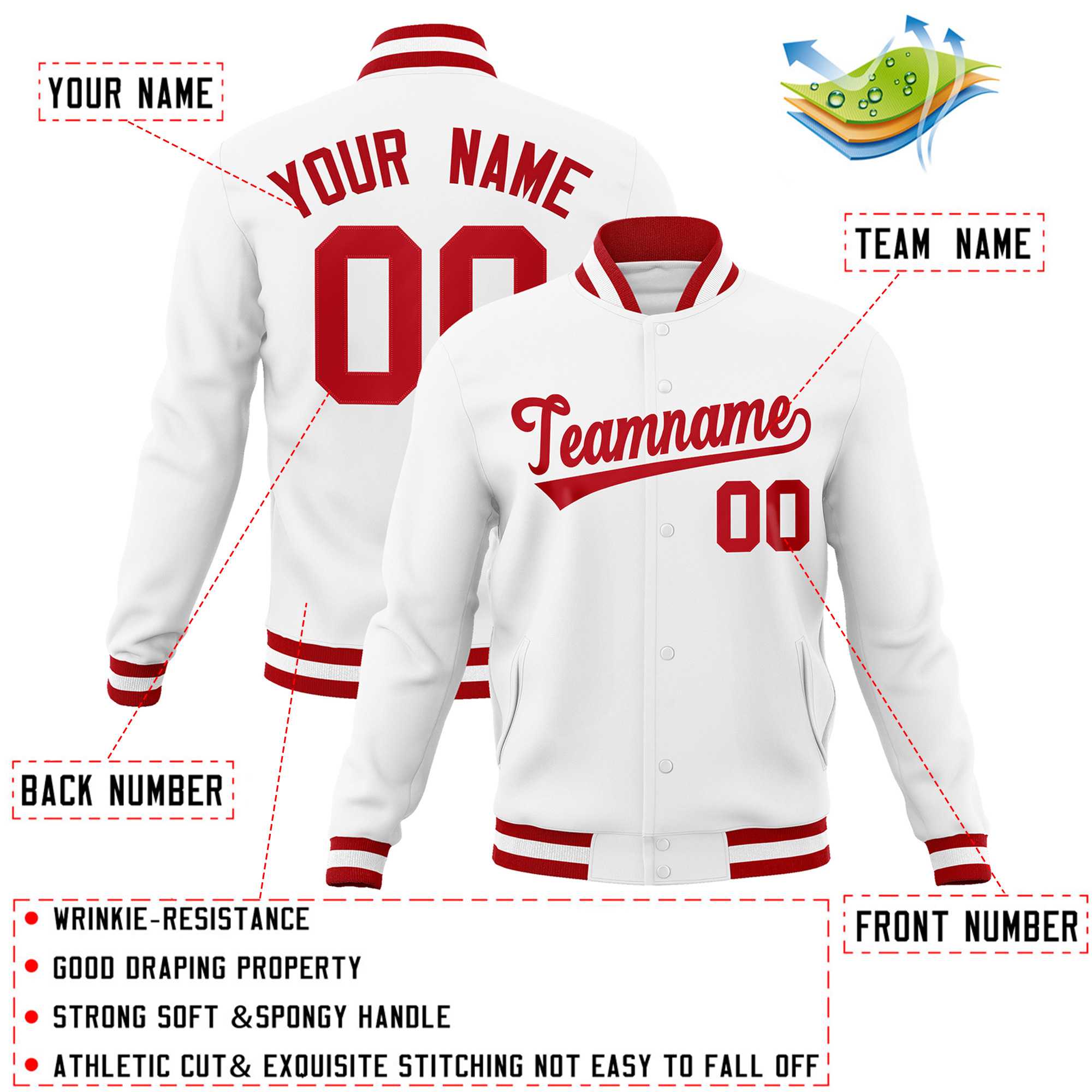 Custom White Red Classic Style Varsity Full-Snap Letterman Jacket