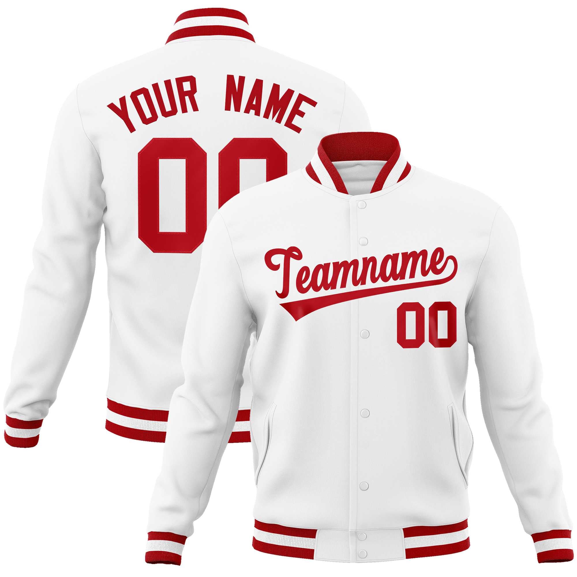 Custom White Red Classic Style Varsity Full-Snap Letterman Jacket