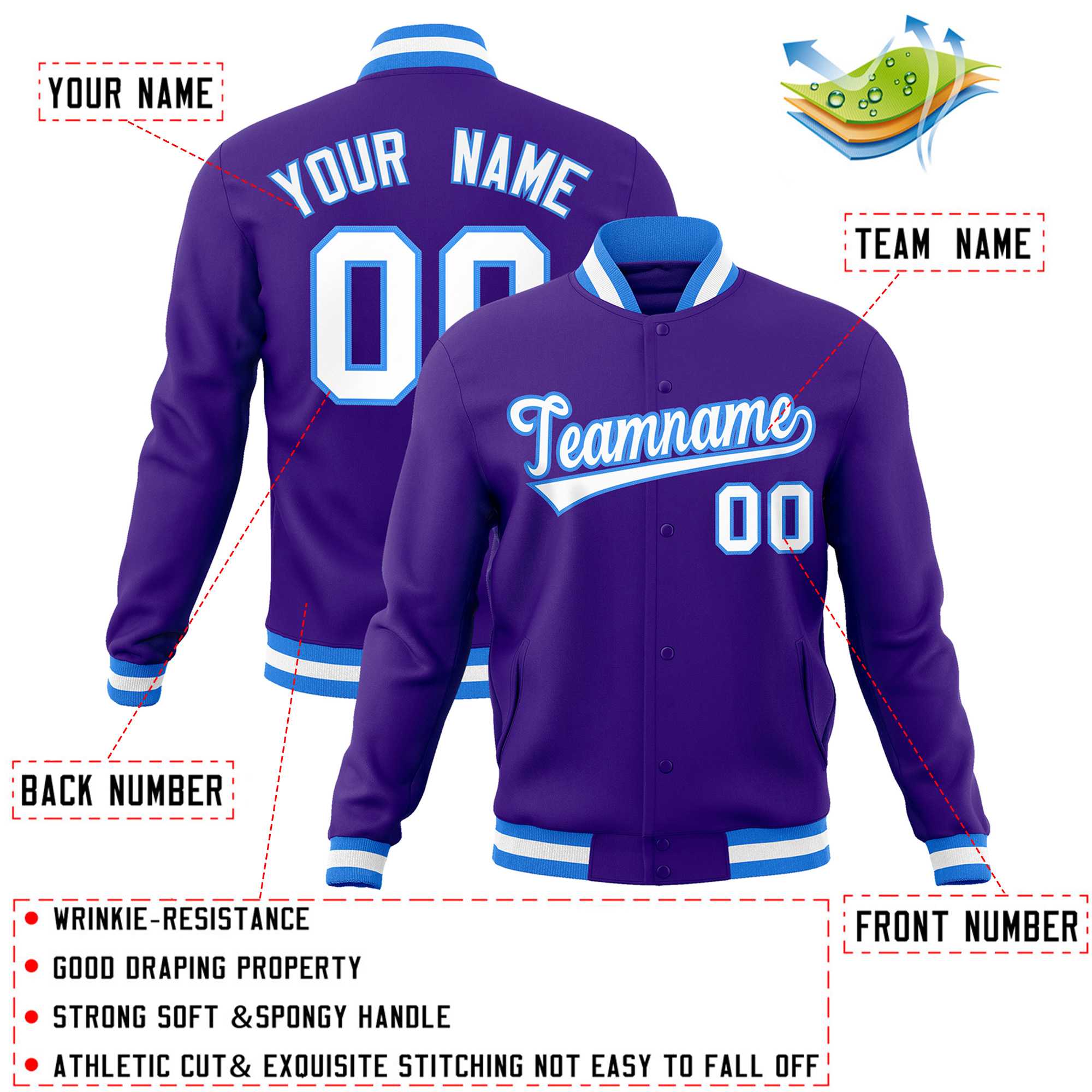 Custom Purple White-Powder Blue Classic Style Varsity Full-Snap Letterman Jacket