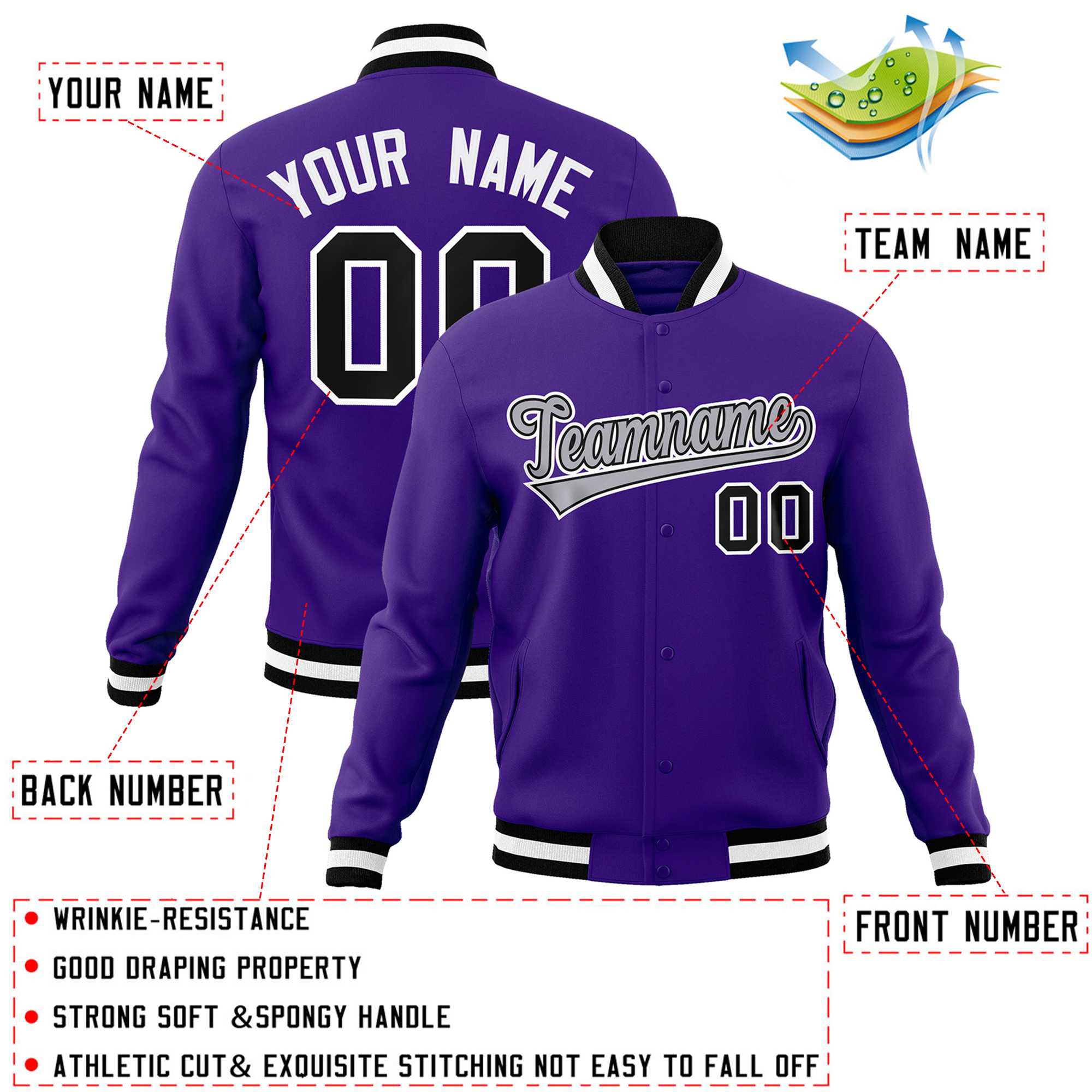 Custom Purple Gray-White Classic Style Varsity Full-Snap Letterman Jacket