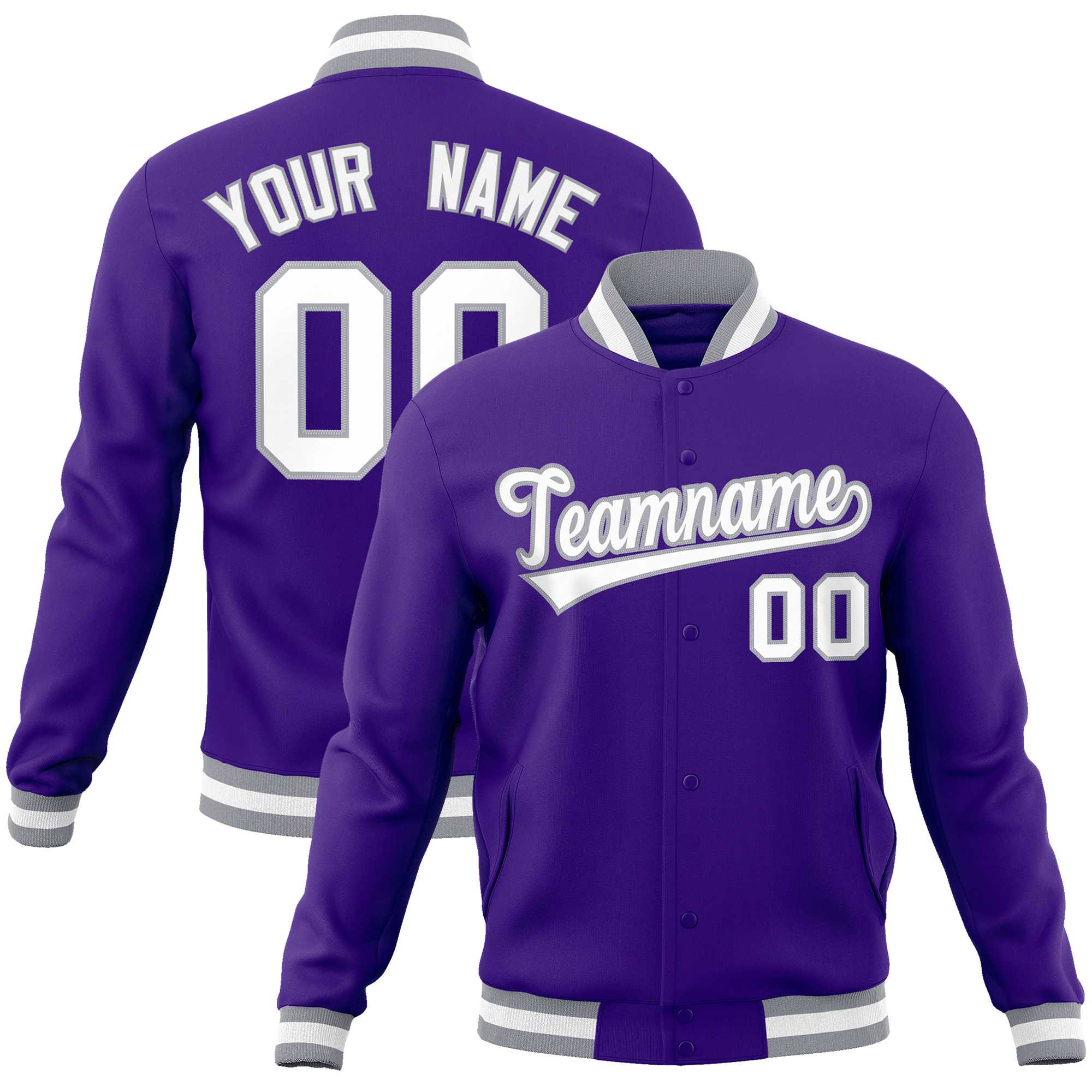 Custom Purple White-Gray Classic Style Varsity Full-Snap Letterman Jacket