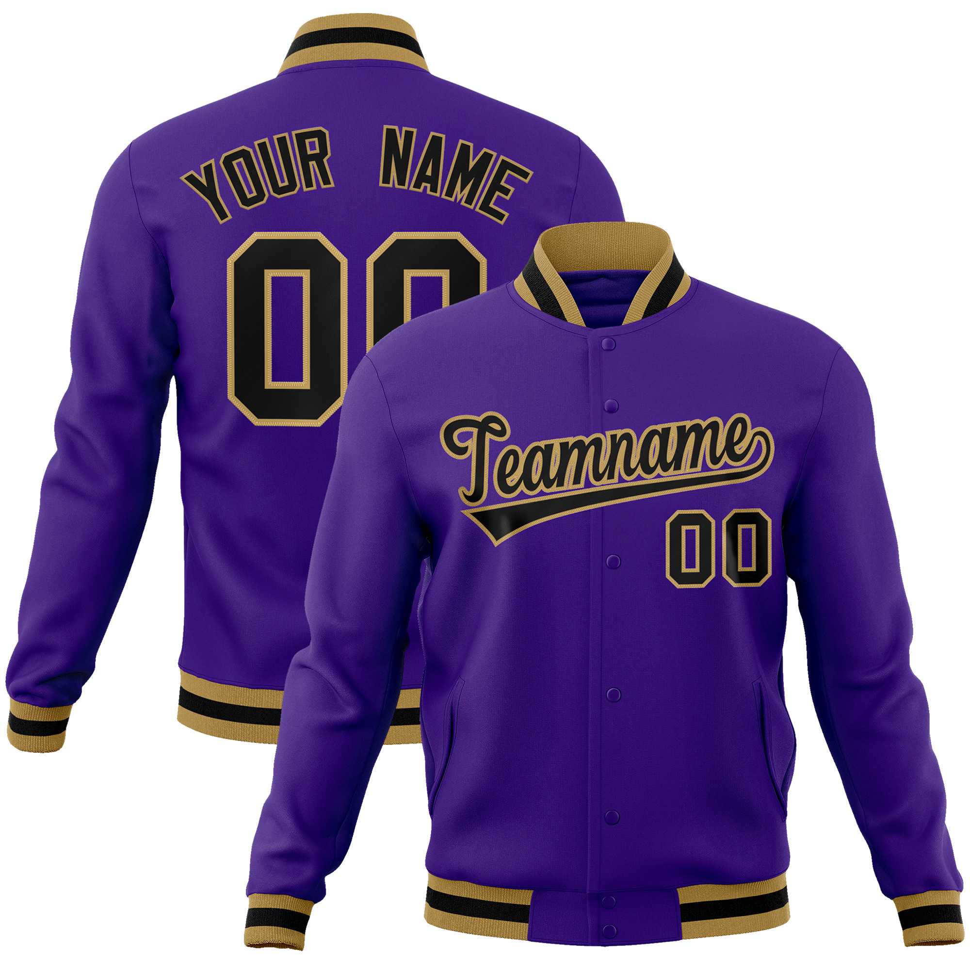 Custom Purple Black-Old Gold Classic Style Varsity Full-Snap Letterman Jacket