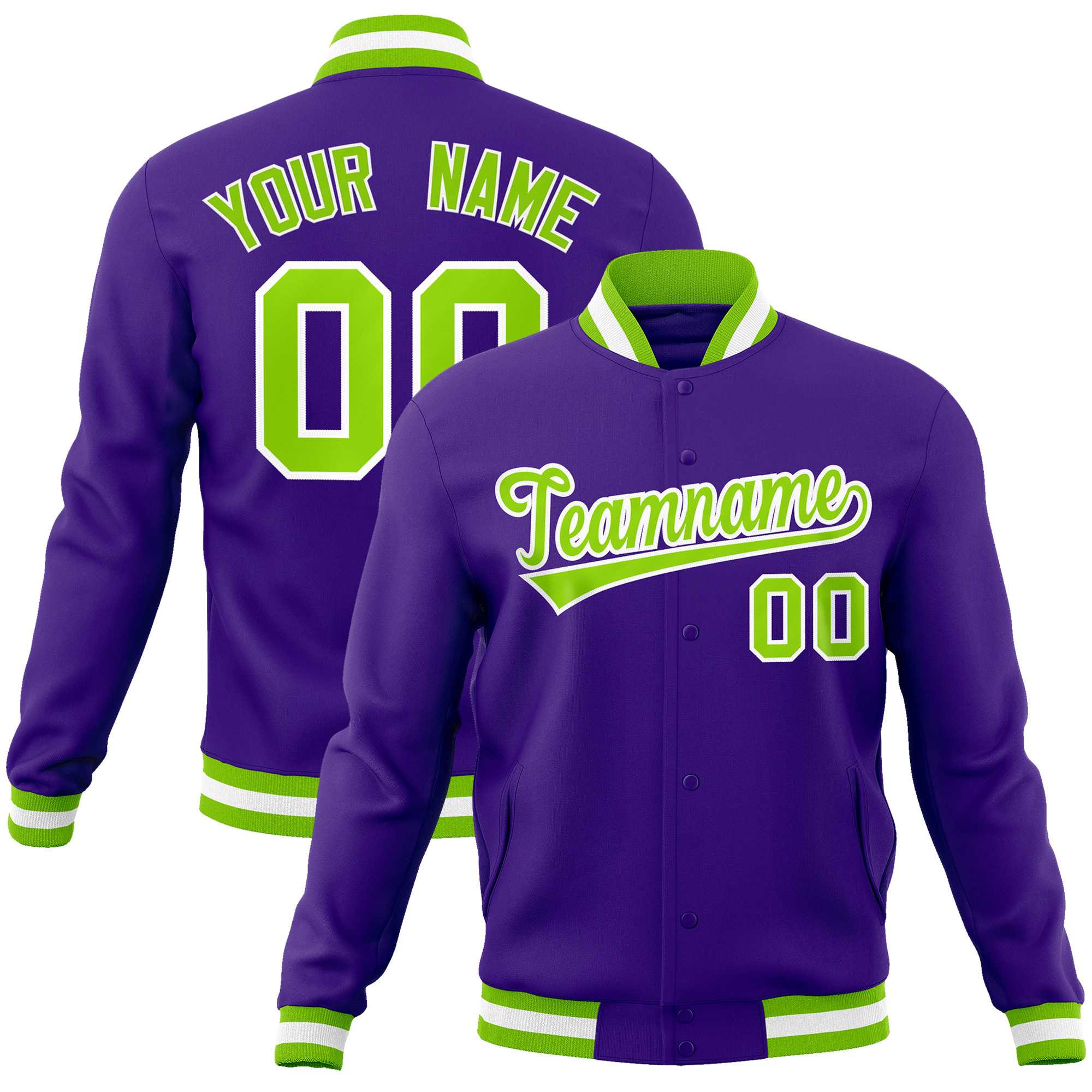 Custom Purple Neon Green-White Classic Style Varsity Full-Snap Letterman Jacket