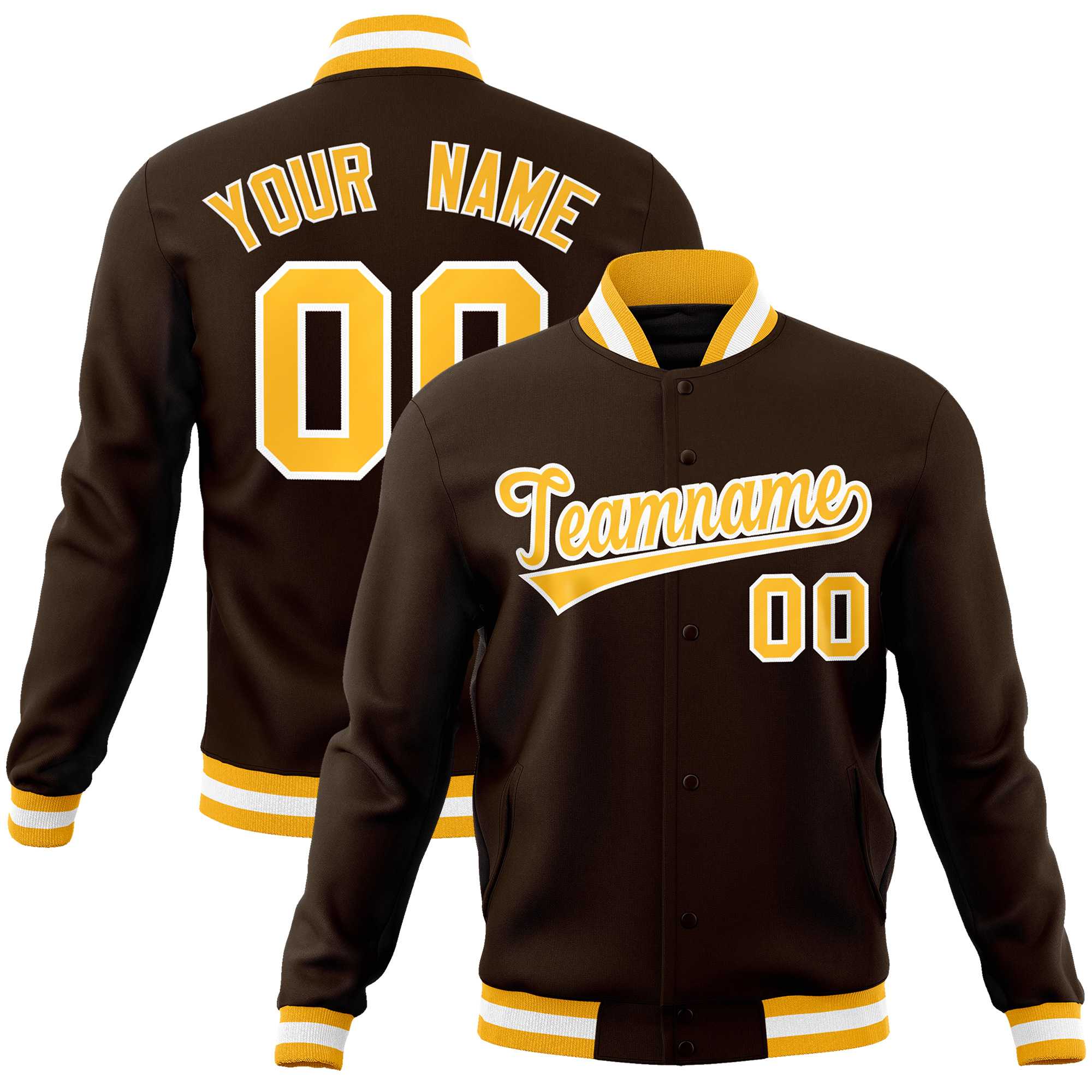 Custom Brown Gold-White Classic Style Varsity Full-Snap Letterman Jacket