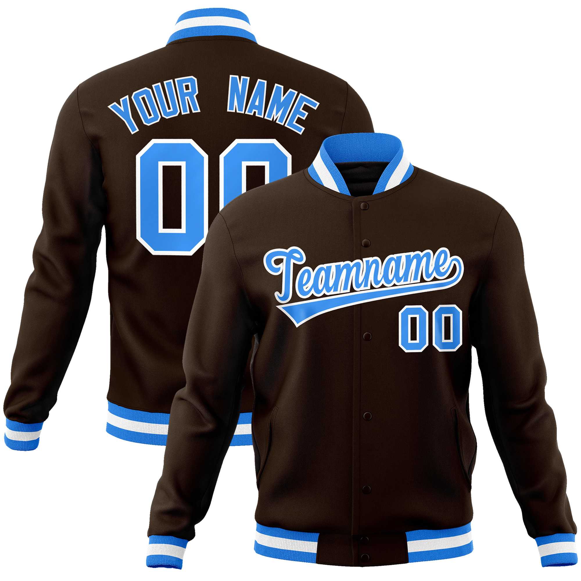 Custom Brown Powder Blue-White Classic Style Varsity Full-Snap Letterman Jacket