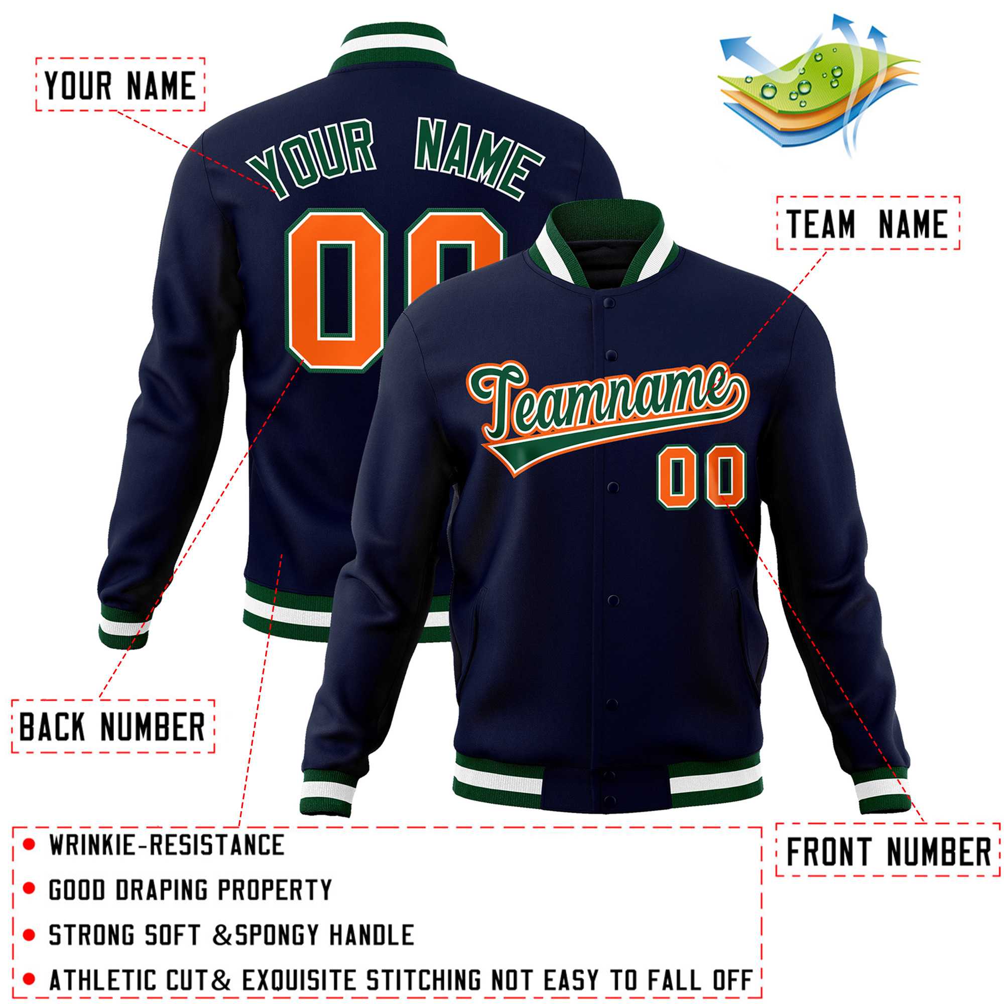 Custom Navy Green-Orange Classic Style Varsity Full-Snap Letterman Jacket