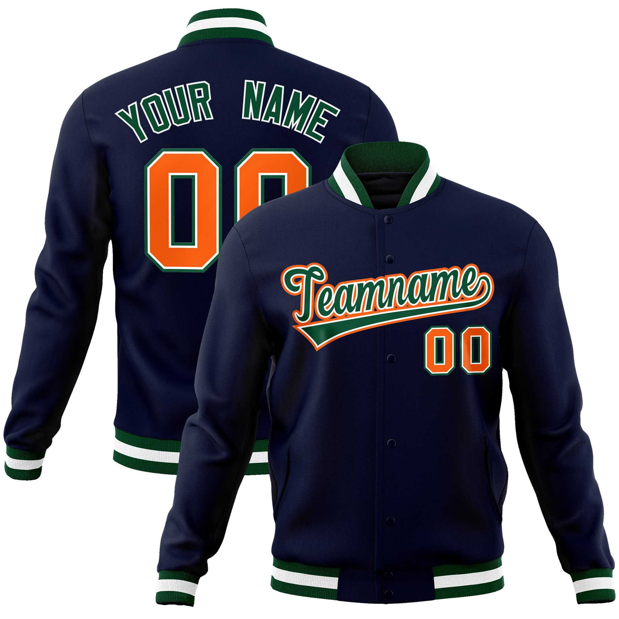 Custom Navy Green-Orange Classic Style Varsity Full-Snap Letterman Jacket