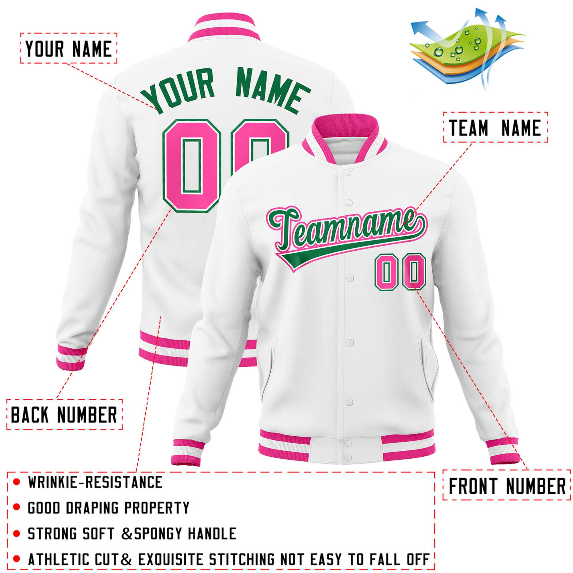 Custom White Kelly Green-Pink Classic Style Varsity Full-Snap Letterman Jacket