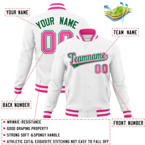 Custom White Kelly Green-Pink Classic Style Varsity Full-Snap Letterman Jacket