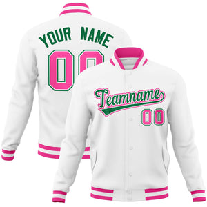 Custom White Kelly Green-Pink Classic Style Varsity Full-Snap Letterman Jacket