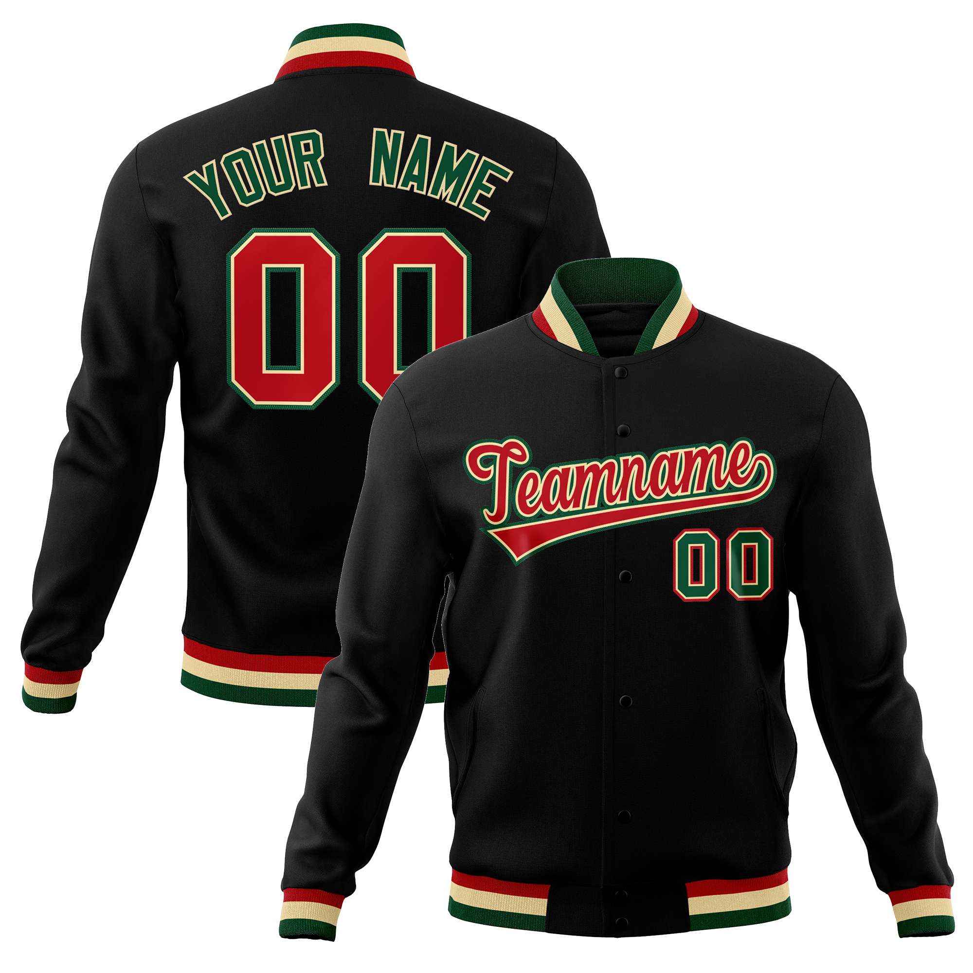 Custom Black Red-Green Classic Style Varsity Full-Snap Letterman Jacket