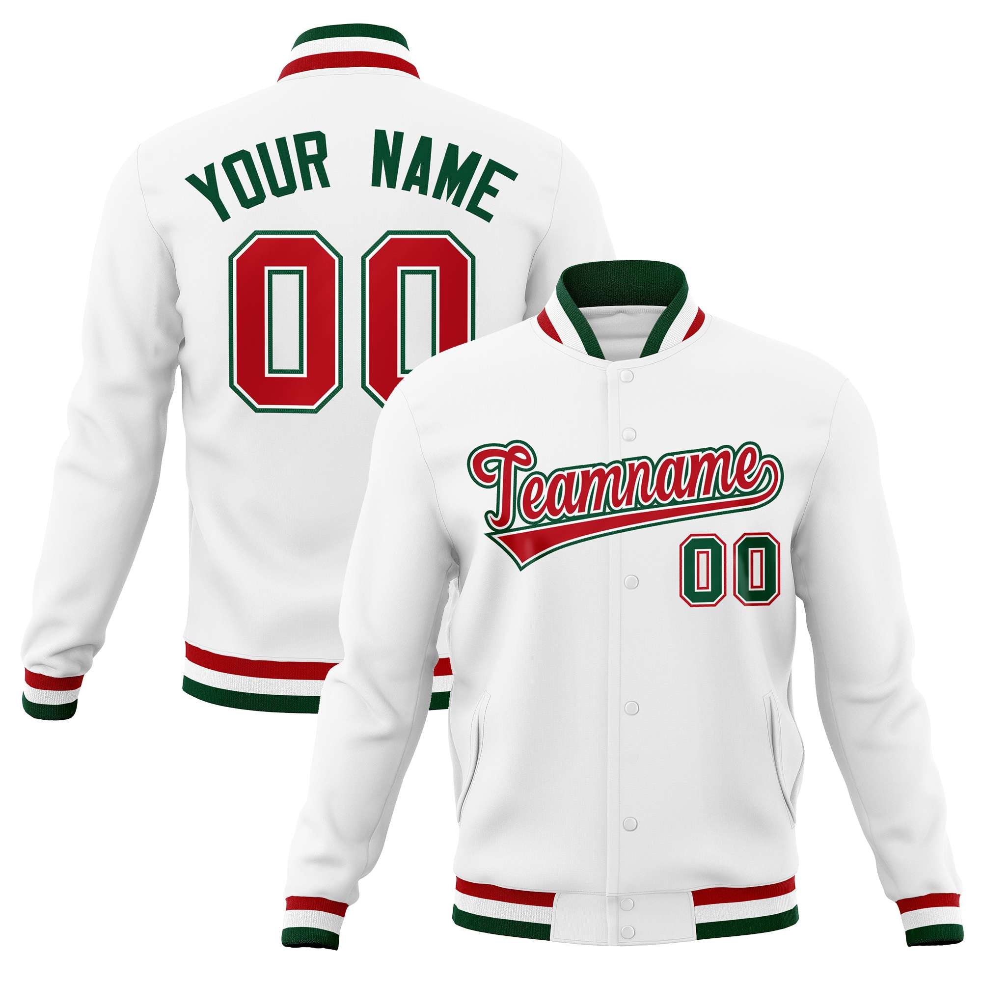 Custom White Red-Green Classic Style Varsity Full-Snap Letterman Jacket