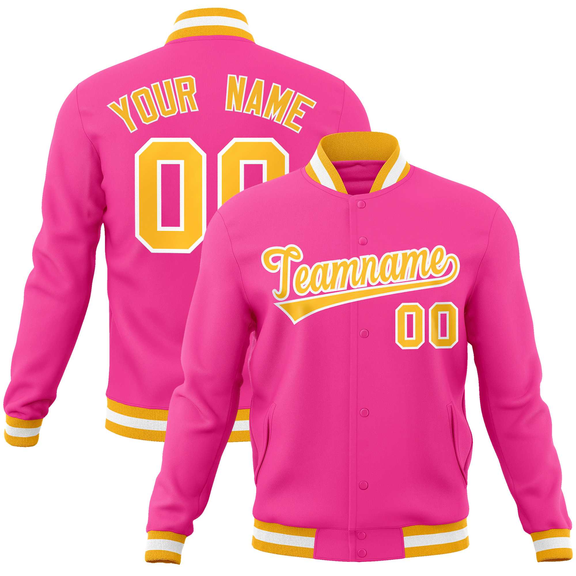 Custom Pink Yellow-White Classic Style Varsity Full-Snap Letterman Jacket