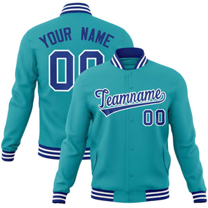 Custom Aqua Royal-White Classic Style Varsity Full-Snap Letterman Jacket