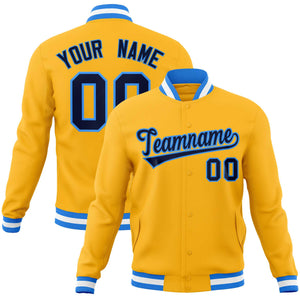 Custom Yellow Navy-Powder Blue Classic Style Varsity Full-Snap Letterman Jacket