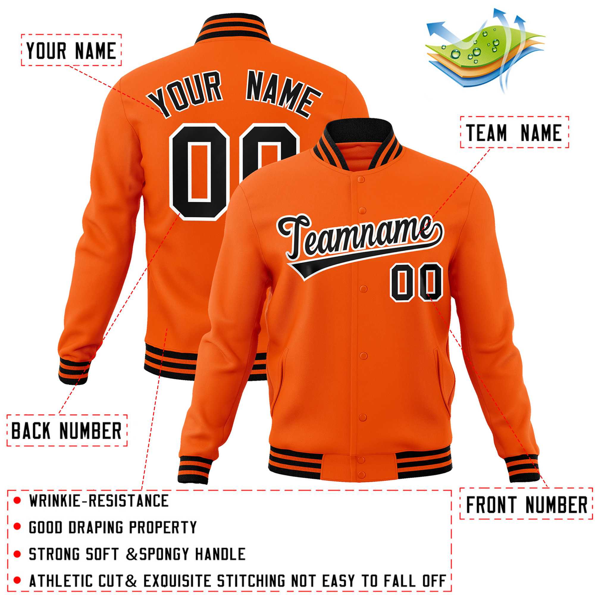 Custom Orange Black-White Classic Style Varsity Full-Snap Letterman Jacket