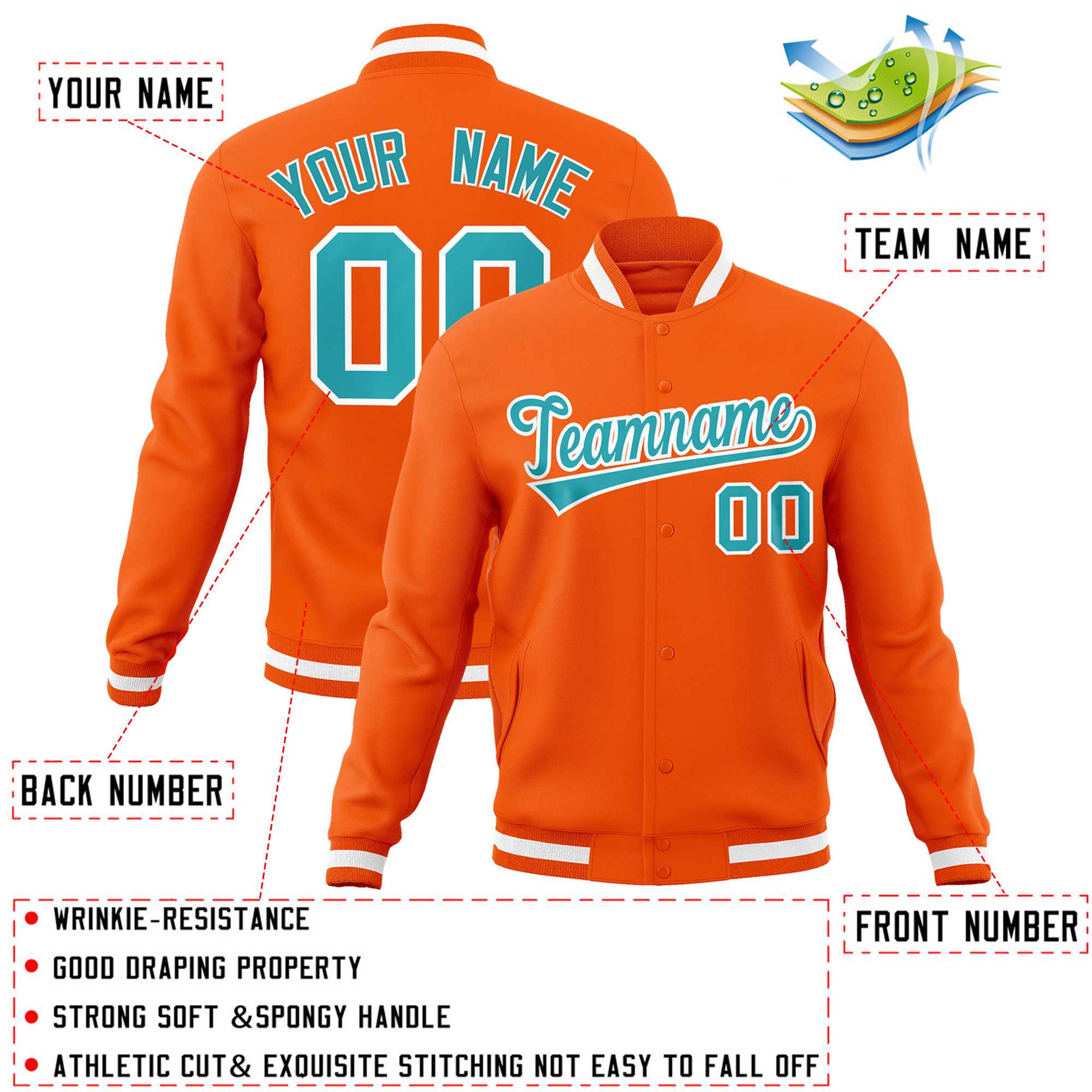 Custom Orange Aqua-White Classic Style Varsity Full-Snap Letterman Jacket