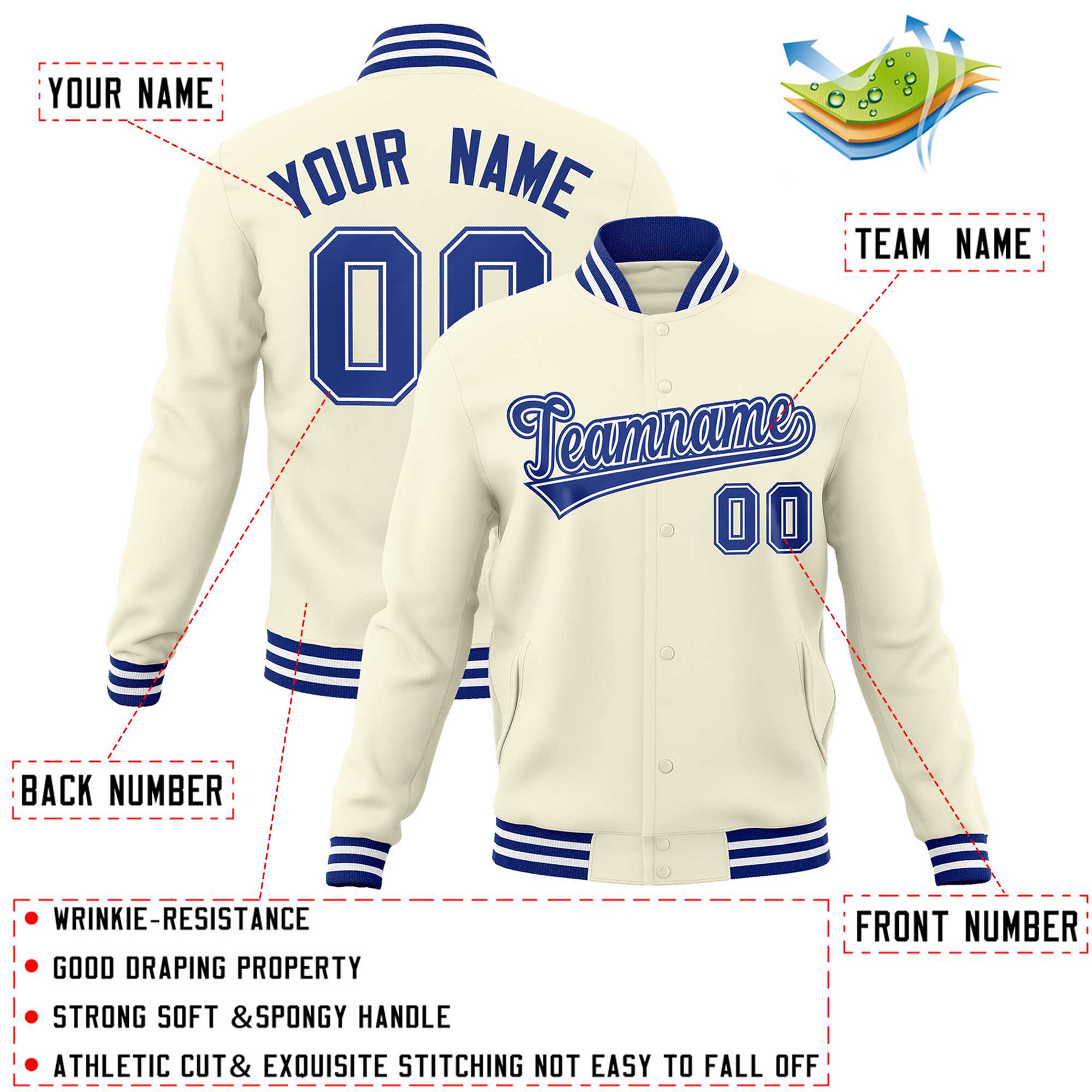 Custom Khaki Royal-Royal Classic Style Varsity Full-Snap Letterman Jacket