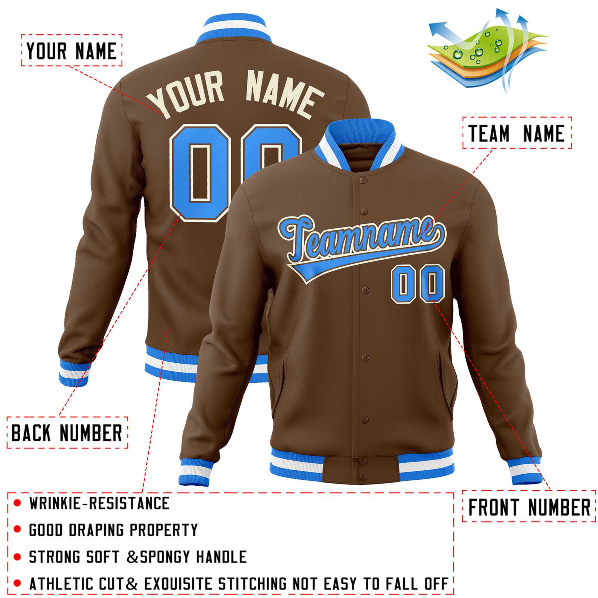 Custom Light Brown Powder Blue-Khaki Classic Style Varsity Full-Snap Letterman Jacket