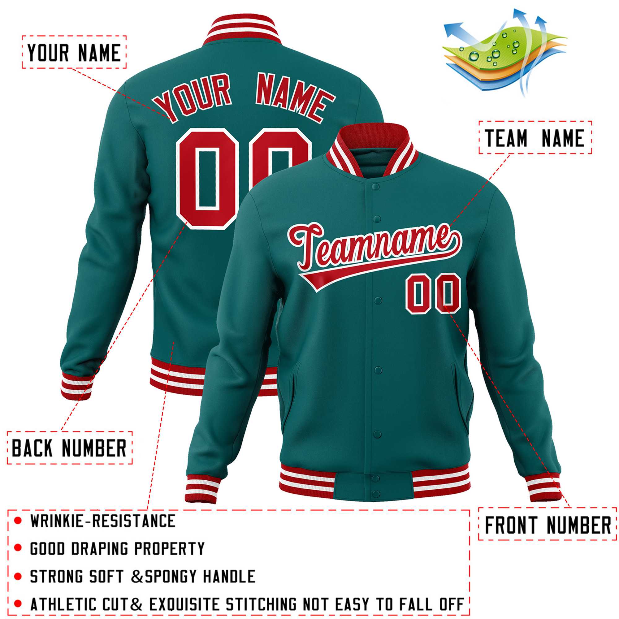 Custom Aqua Red-White Classic Style Varsity Full-Snap Letterman Jacket