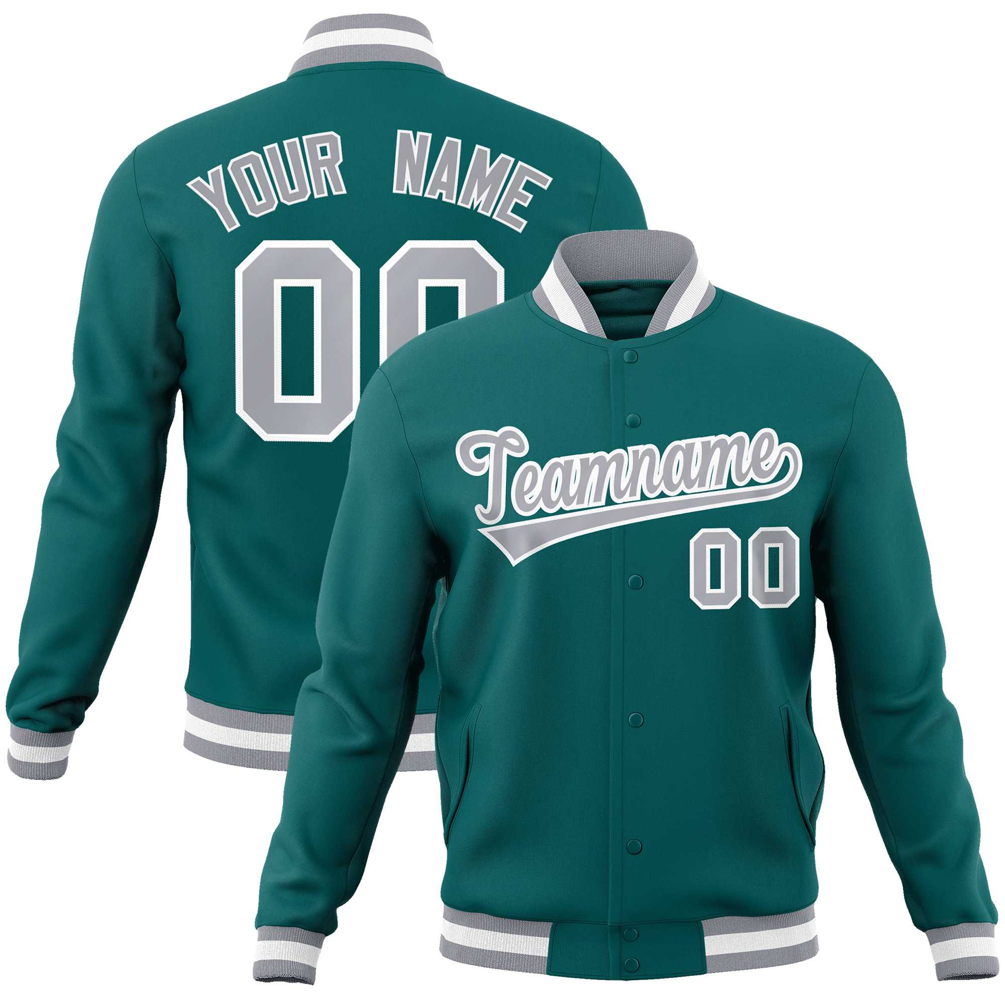 Custom Aqua Gray-White Classic Style Varsity Full-Snap Letterman Jacket