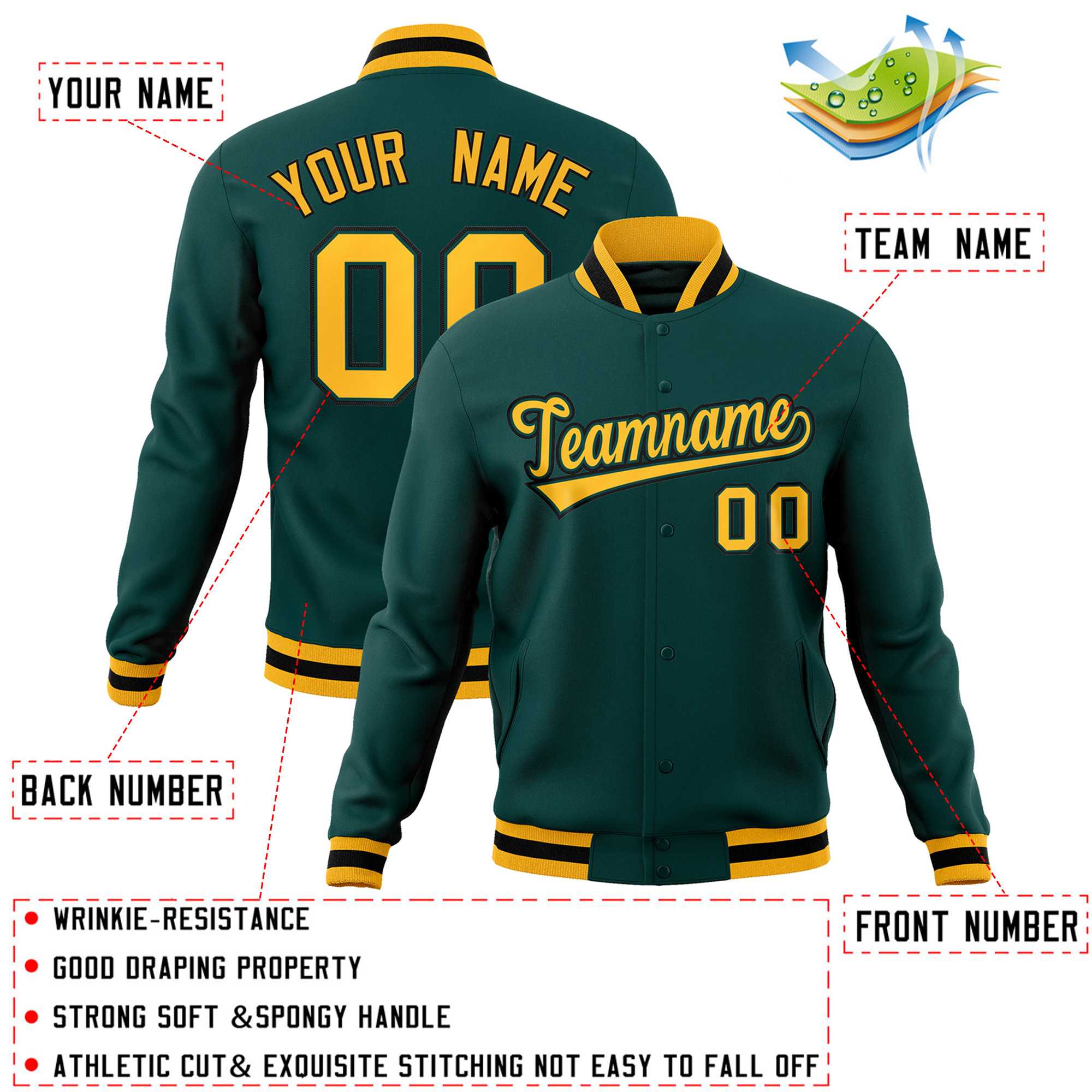 Custom Midnight Green Gold-Black Classic Style Varsity Full-Snap Letterman Jacket